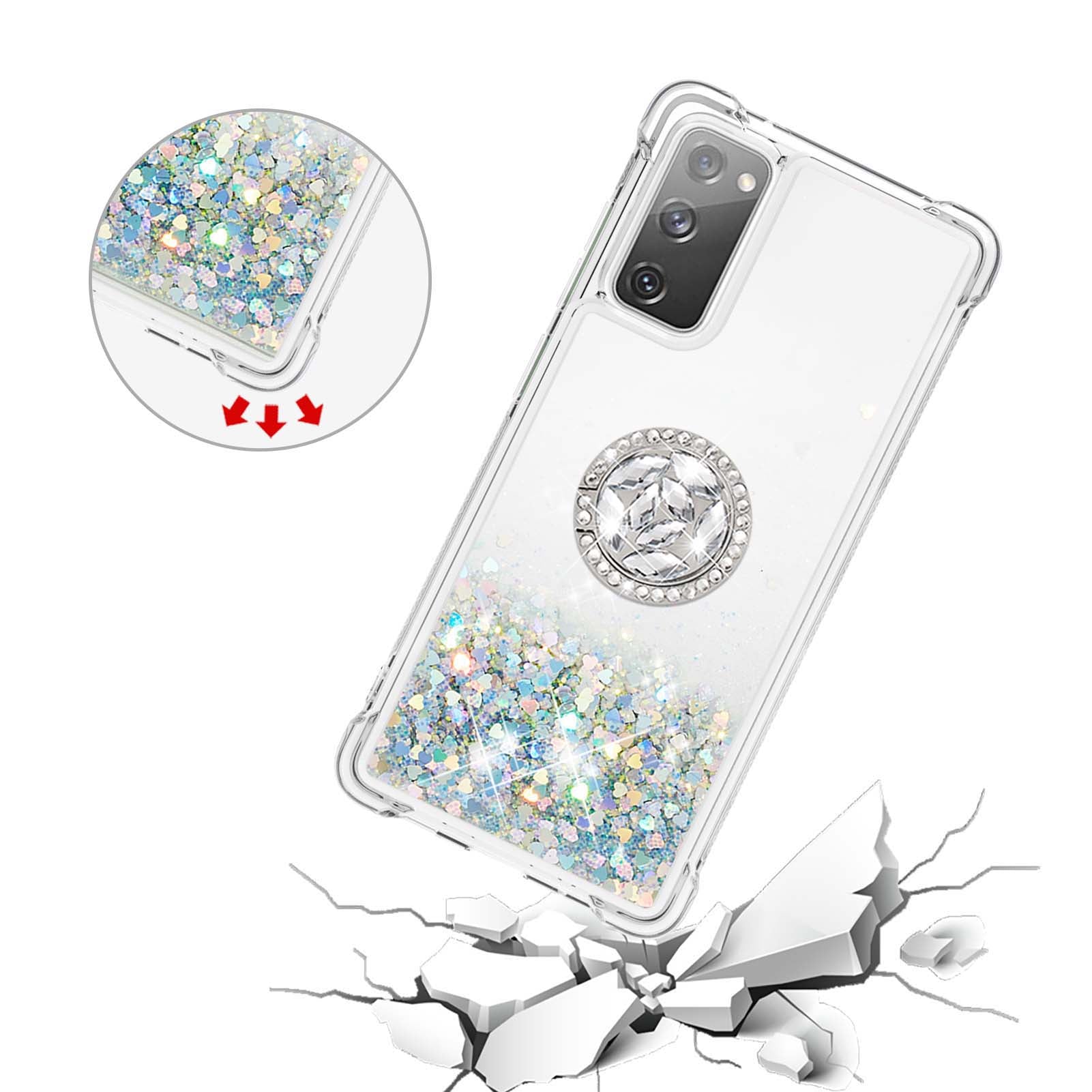 For Samsung Galaxy S20 FE 2022/S20 FE 4G/5G/S20 Fan Edition 4G/5G/S20 Lite Quicksand Glitter Flowing Liquid Anti-drop Ring Holder Kickstand Design TPU Cover - Silver Hearts