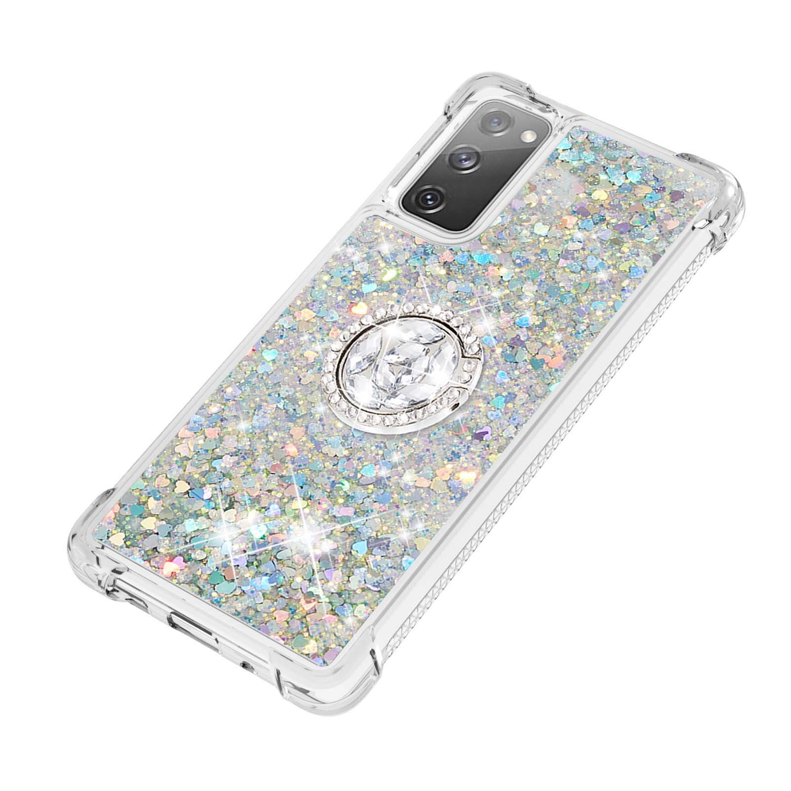 For Samsung Galaxy S20 FE 2022/S20 FE 4G/5G/S20 Fan Edition 4G/5G/S20 Lite Quicksand Glitter Flowing Liquid Anti-drop Ring Holder Kickstand Design TPU Cover - Silver Hearts