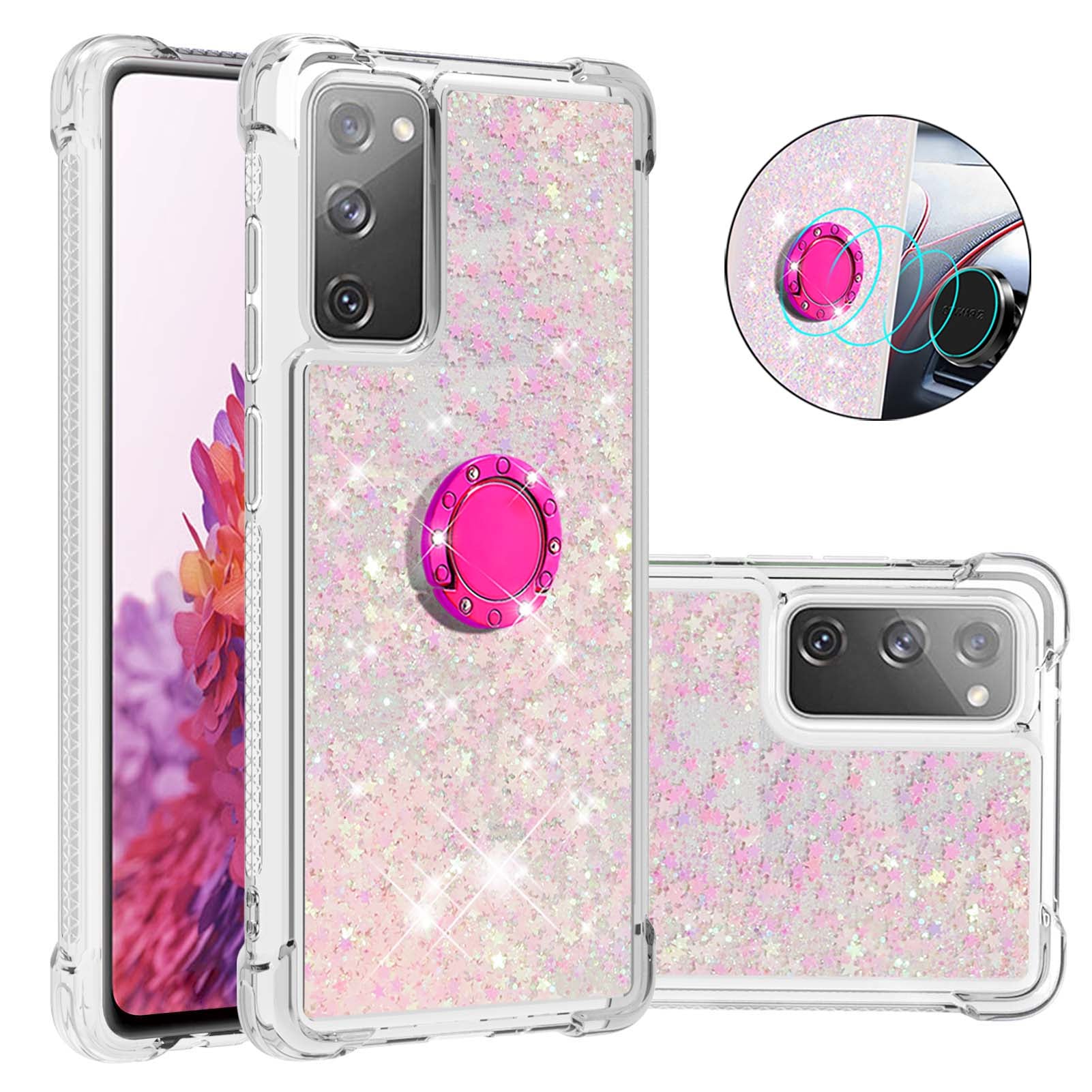 For Samsung Galaxy S20 FE 2022/S20 FE 4G/5G/S20 Fan Edition 4G/5G/S20 Lite Quicksand Glitter Flowing Liquid Anti-drop Ring Holder Kickstand Design TPU Cover - Silver Pink Stars