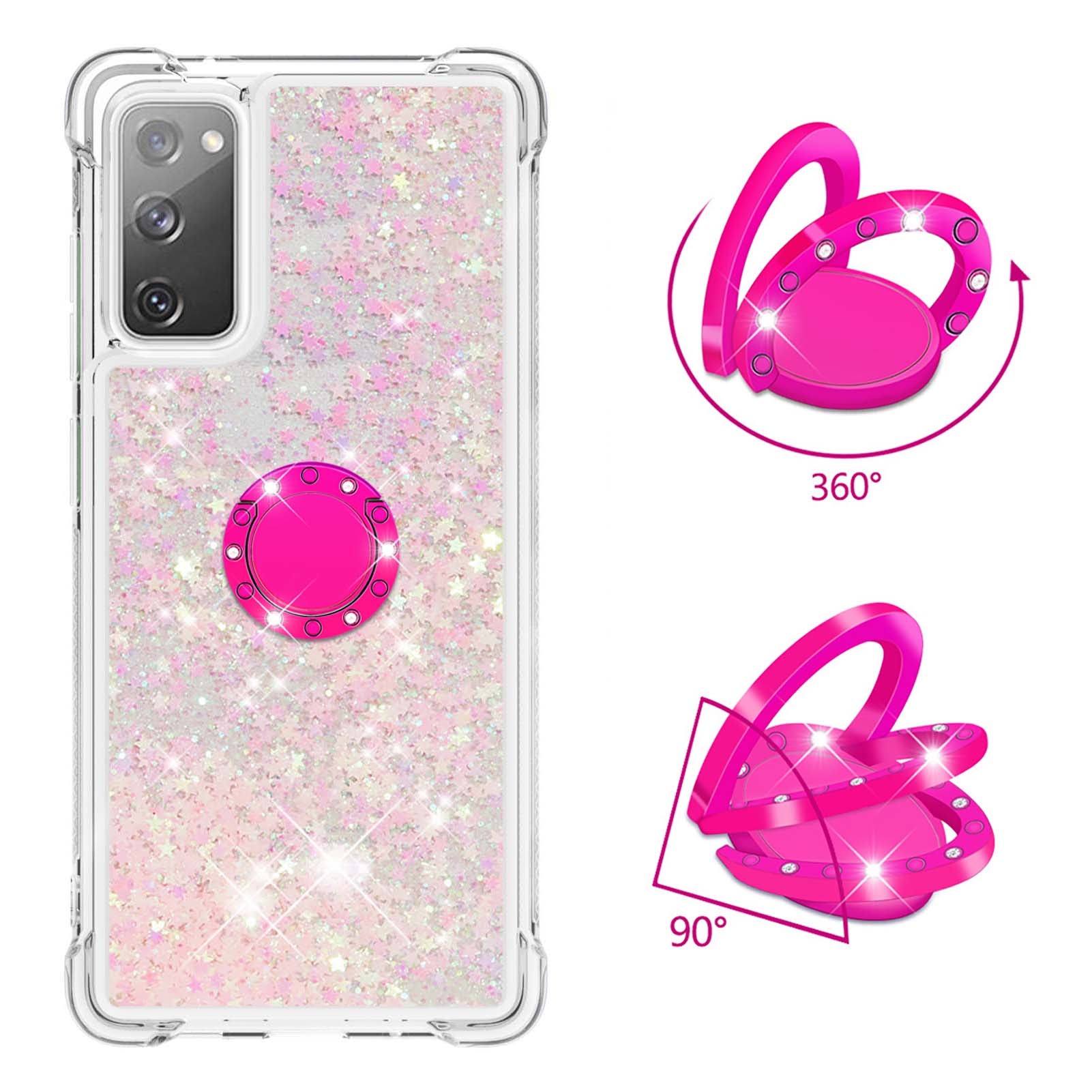 For Samsung Galaxy S20 FE 2022/S20 FE 4G/5G/S20 Fan Edition 4G/5G/S20 Lite Quicksand Glitter Flowing Liquid Anti-drop Ring Holder Kickstand Design TPU Cover - Silver Pink Stars