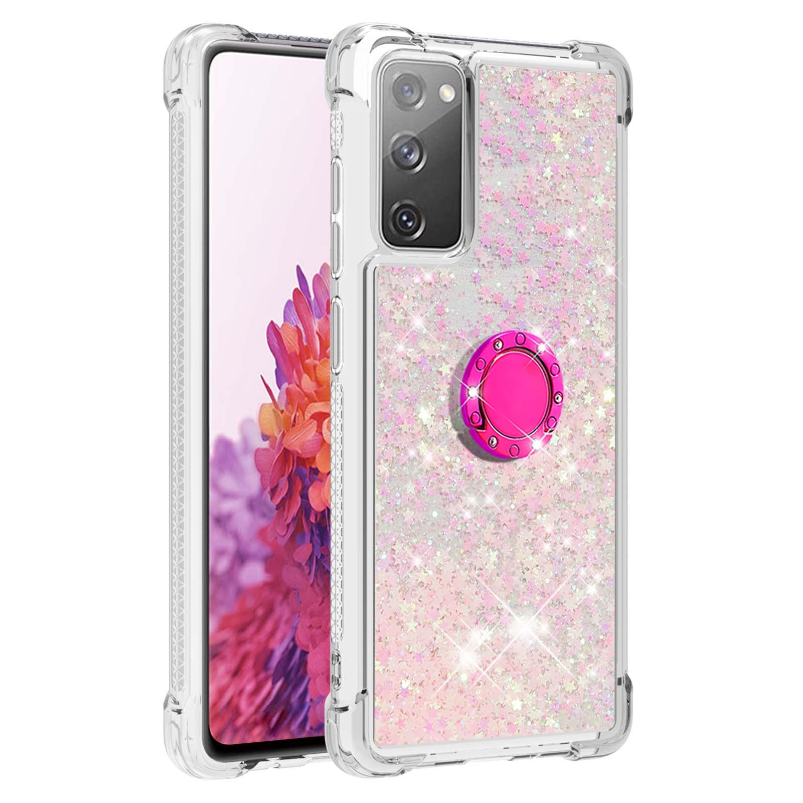 For Samsung Galaxy S20 FE 2022/S20 FE 4G/5G/S20 Fan Edition 4G/5G/S20 Lite Quicksand Glitter Flowing Liquid Anti-drop Ring Holder Kickstand Design TPU Cover - Silver Pink Stars