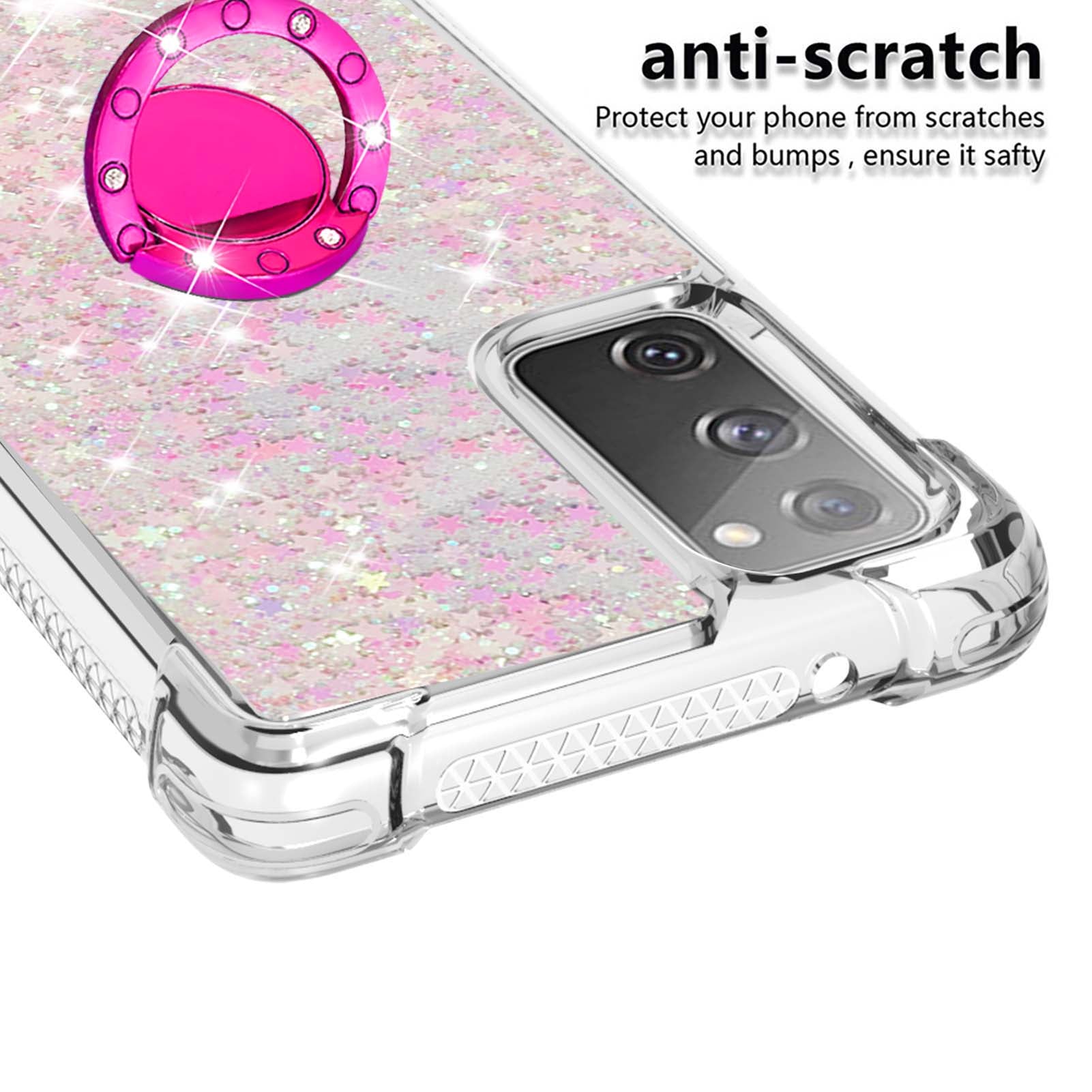 For Samsung Galaxy S20 FE 2022/S20 FE 4G/5G/S20 Fan Edition 4G/5G/S20 Lite Quicksand Glitter Flowing Liquid Anti-drop Ring Holder Kickstand Design TPU Cover - Silver Pink Stars