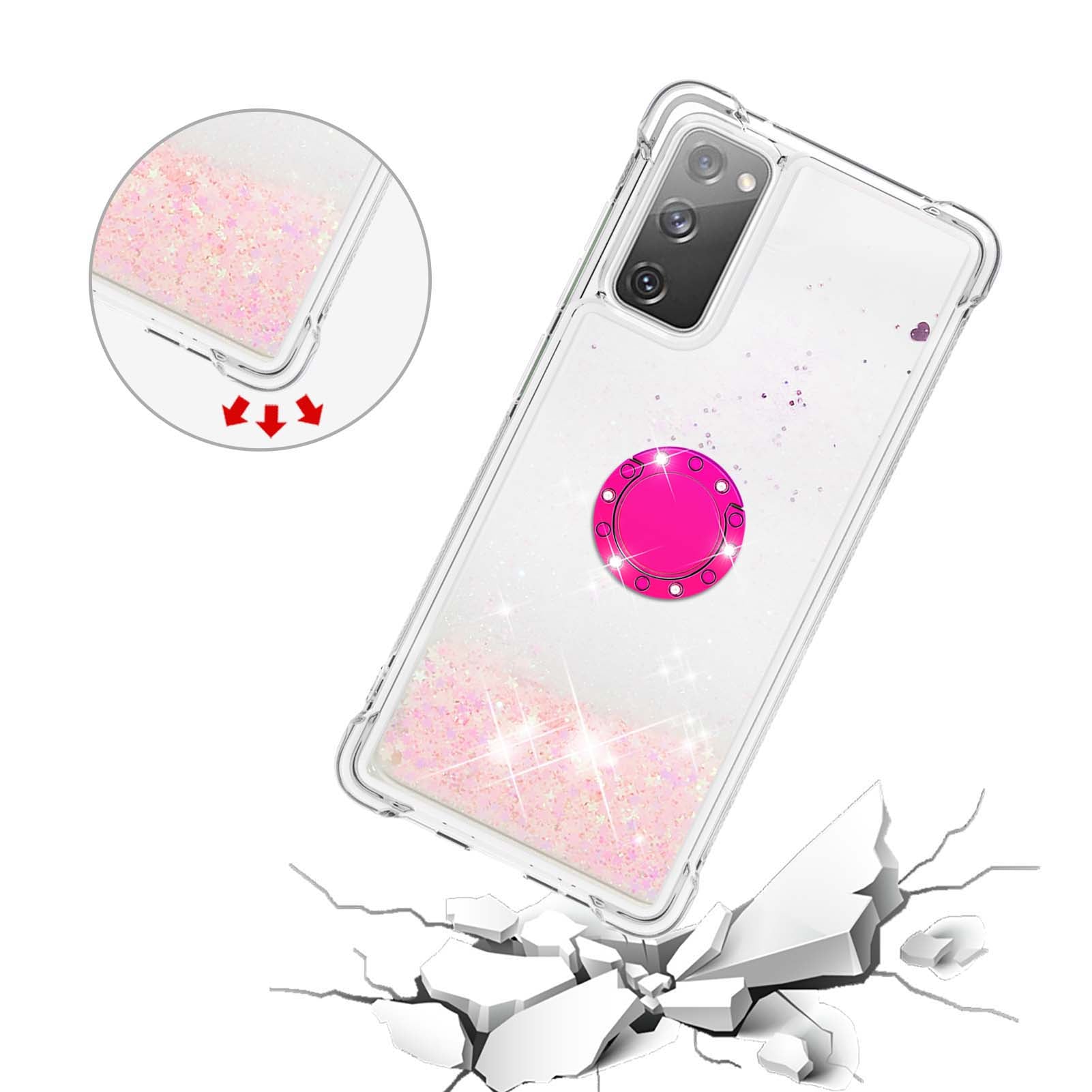 For Samsung Galaxy S20 FE 2022/S20 FE 4G/5G/S20 Fan Edition 4G/5G/S20 Lite Quicksand Glitter Flowing Liquid Anti-drop Ring Holder Kickstand Design TPU Cover - Silver Pink Stars