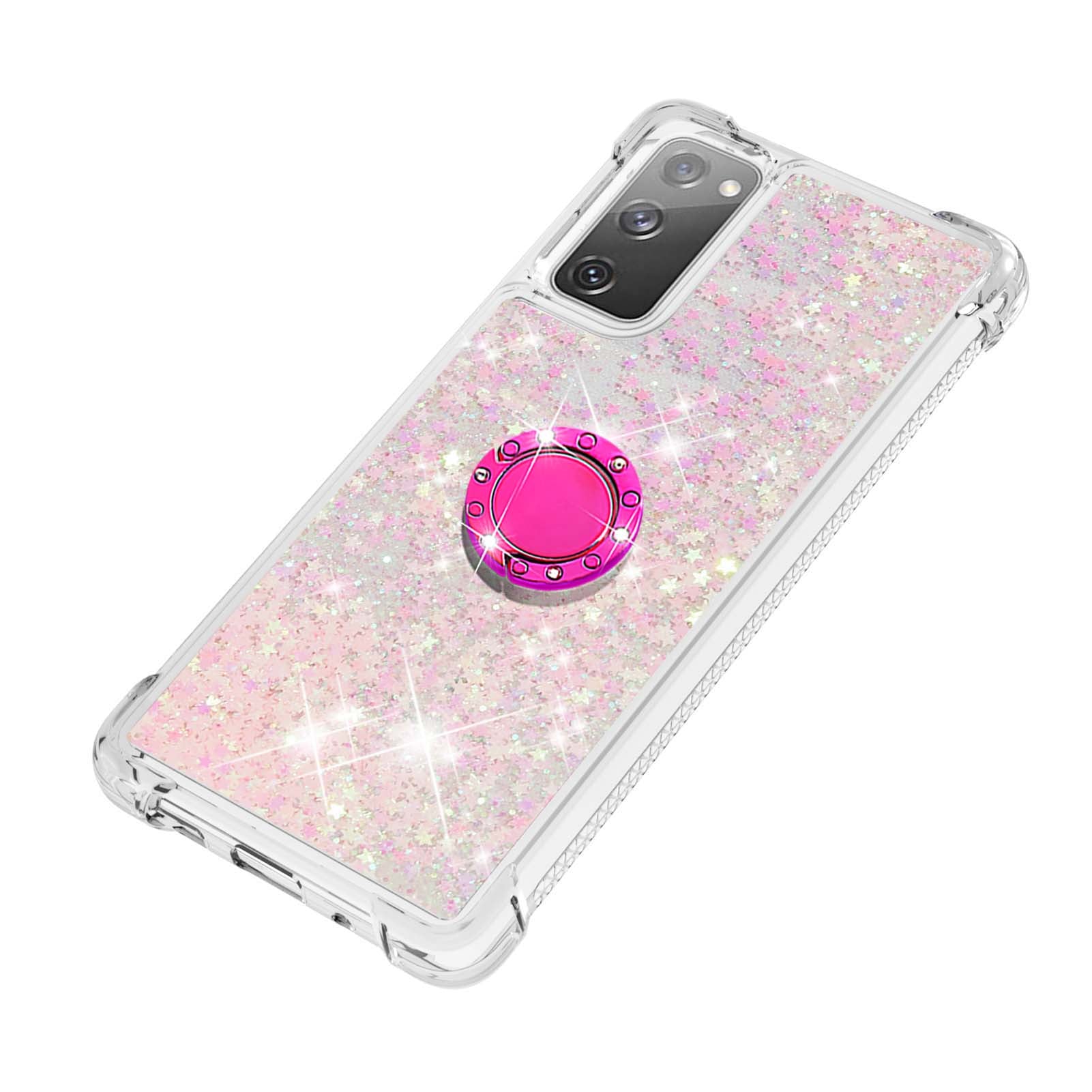 For Samsung Galaxy S20 FE 2022/S20 FE 4G/5G/S20 Fan Edition 4G/5G/S20 Lite Quicksand Glitter Flowing Liquid Anti-drop Ring Holder Kickstand Design TPU Cover - Silver Pink Stars