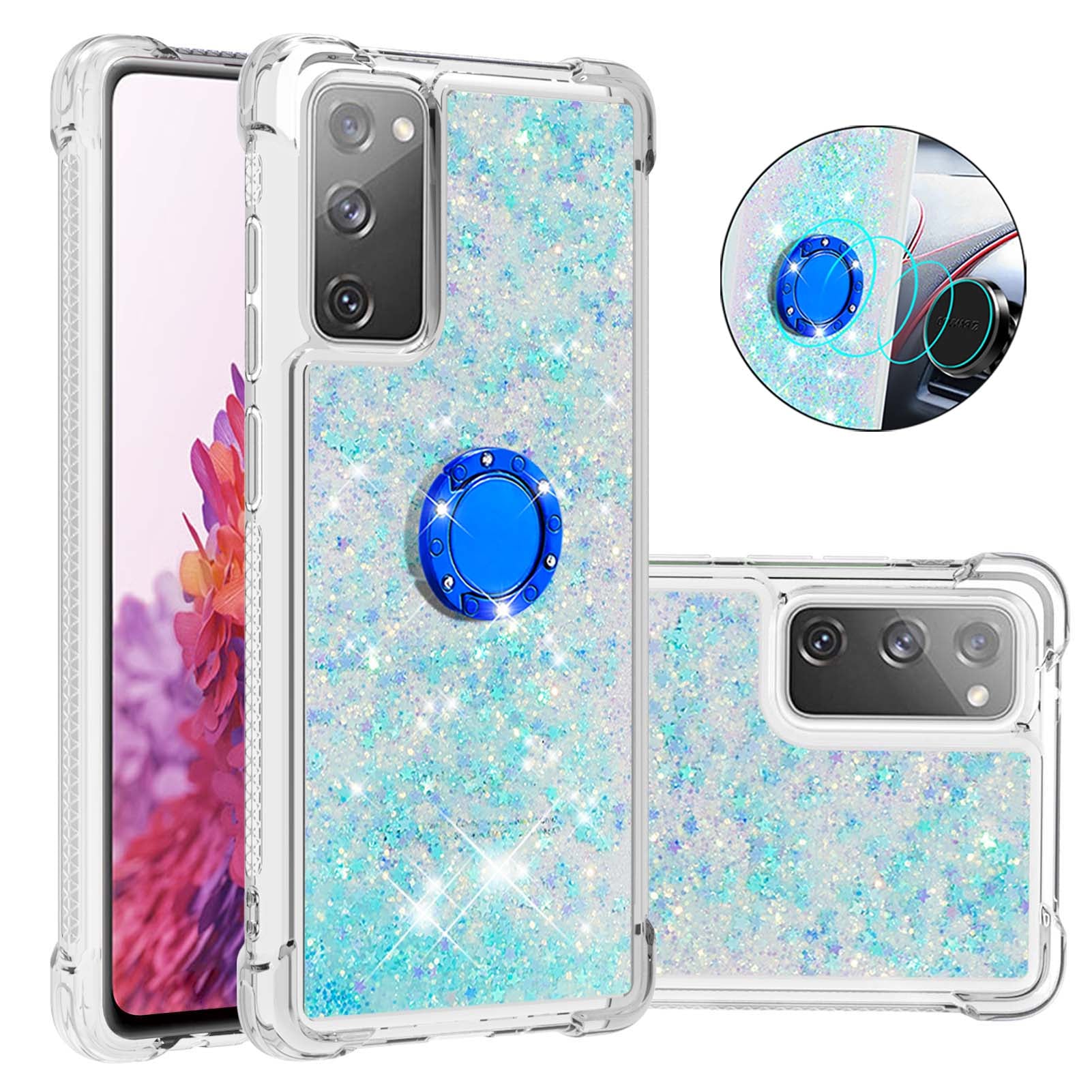 For Samsung Galaxy S20 FE 2022/S20 FE 4G/5G/S20 Fan Edition 4G/5G/S20 Lite Quicksand Glitter Flowing Liquid Anti-drop Ring Holder Kickstand Design TPU Cover - Silver Blue Stars