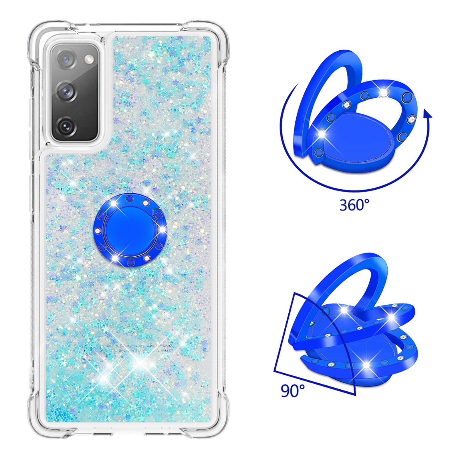 For Samsung Galaxy S20 FE 2022/S20 FE 4G/5G/S20 Fan Edition 4G/5G/S20 Lite Quicksand Glitter Flowing Liquid Anti-drop Ring Holder Kickstand Design TPU Cover - Silver Blue Stars