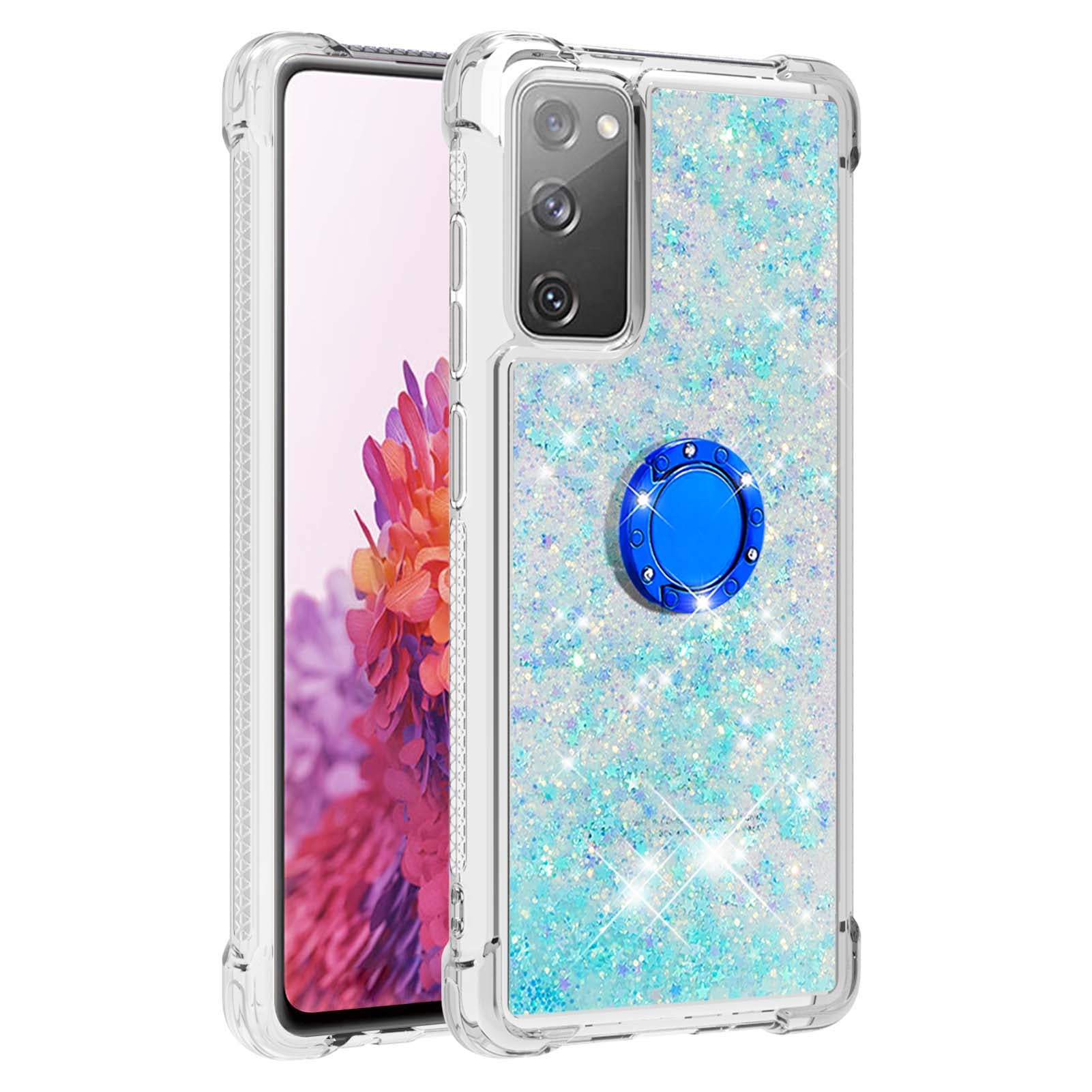 For Samsung Galaxy S20 FE 2022/S20 FE 4G/5G/S20 Fan Edition 4G/5G/S20 Lite Quicksand Glitter Flowing Liquid Anti-drop Ring Holder Kickstand Design TPU Cover - Silver Blue Stars