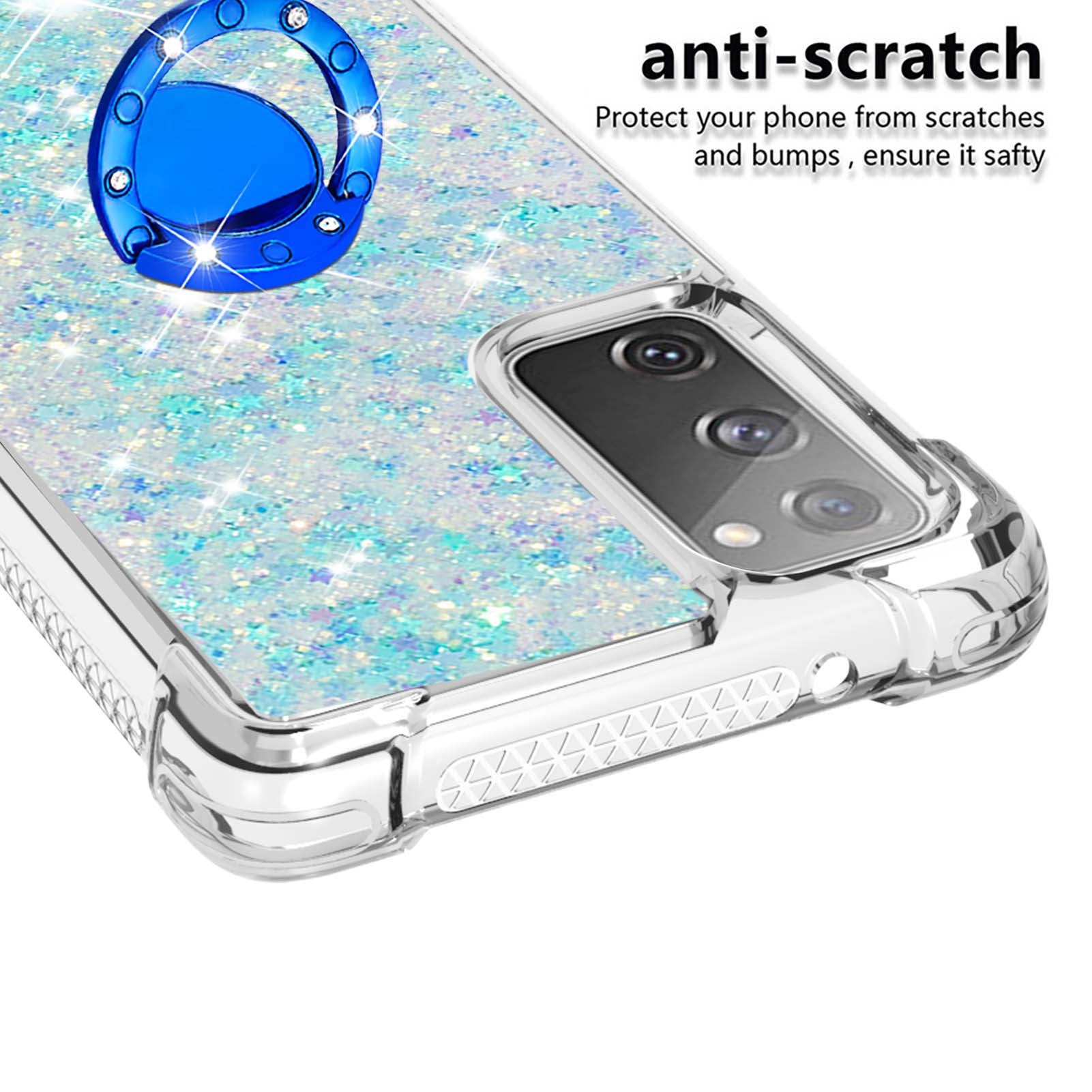 For Samsung Galaxy S20 FE 2022/S20 FE 4G/5G/S20 Fan Edition 4G/5G/S20 Lite Quicksand Glitter Flowing Liquid Anti-drop Ring Holder Kickstand Design TPU Cover - Silver Blue Stars