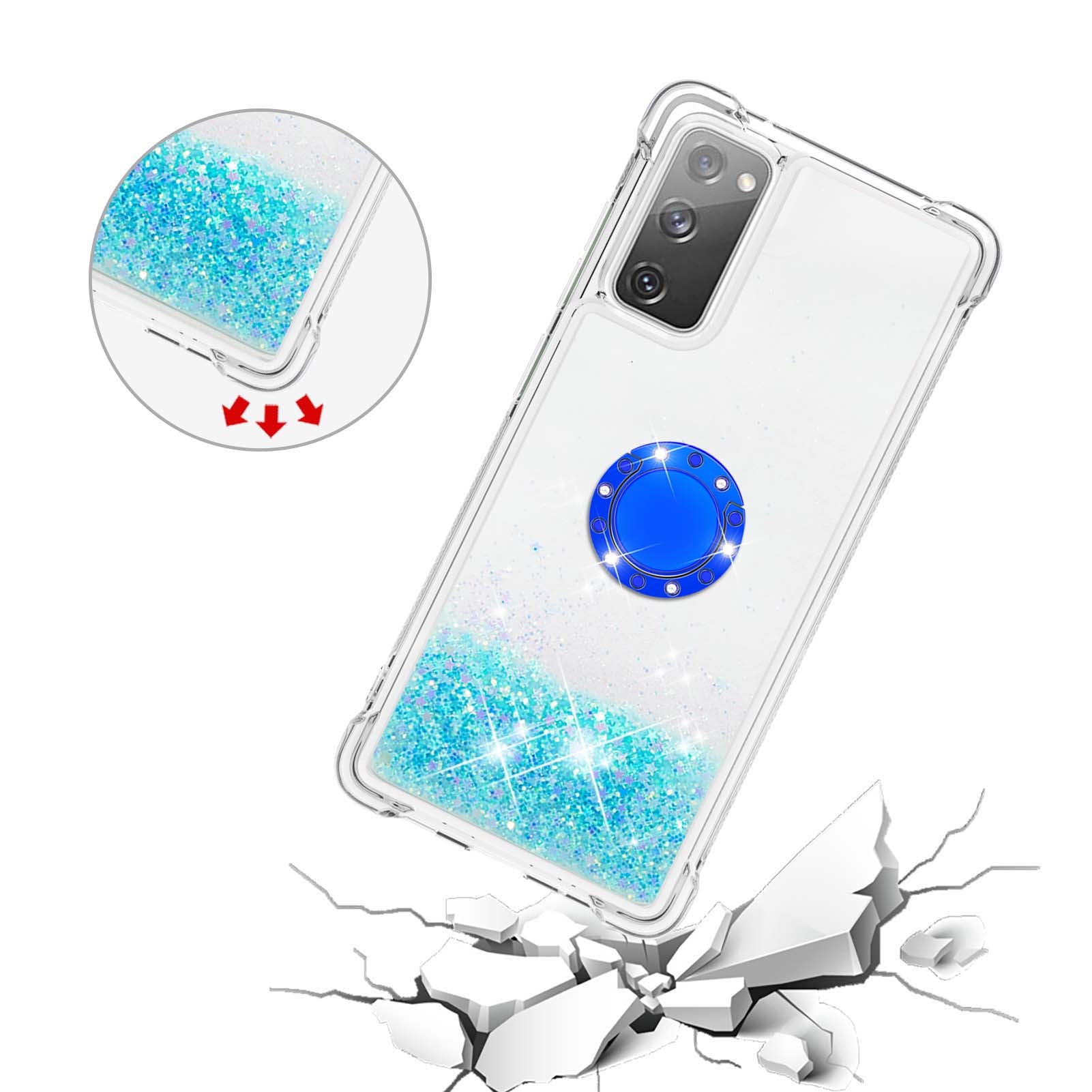 For Samsung Galaxy S20 FE 2022/S20 FE 4G/5G/S20 Fan Edition 4G/5G/S20 Lite Quicksand Glitter Flowing Liquid Anti-drop Ring Holder Kickstand Design TPU Cover - Silver Blue Stars