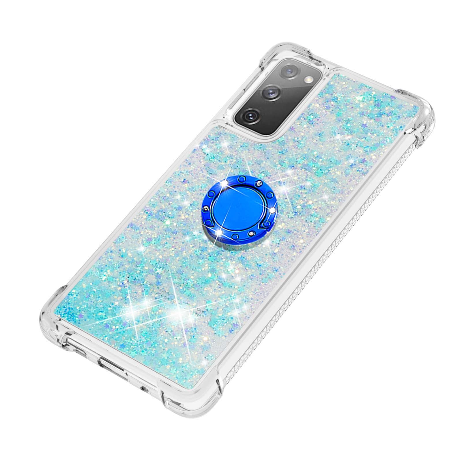 For Samsung Galaxy S20 FE 2022/S20 FE 4G/5G/S20 Fan Edition 4G/5G/S20 Lite Quicksand Glitter Flowing Liquid Anti-drop Ring Holder Kickstand Design TPU Cover - Silver Blue Stars