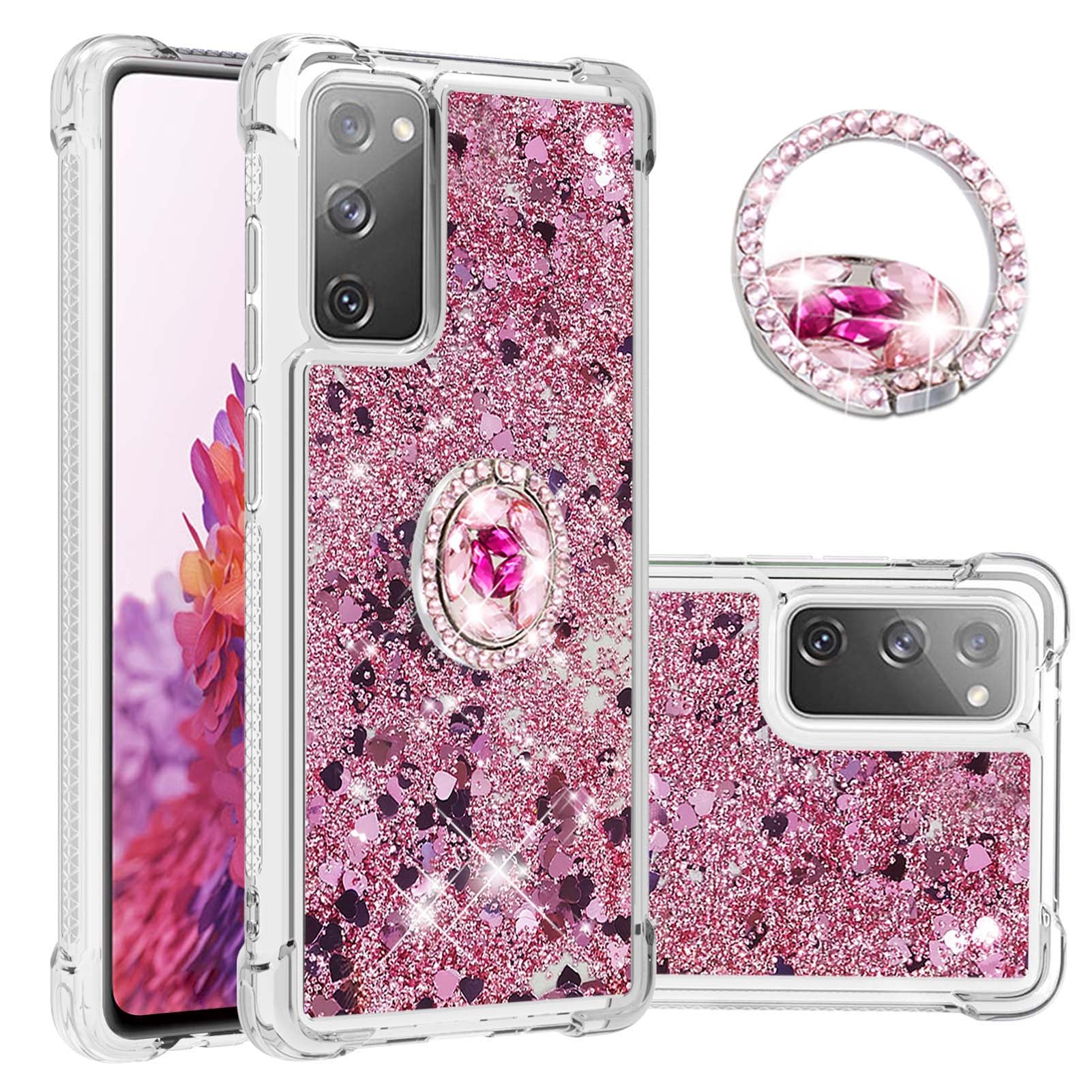 For Samsung Galaxy S20 FE 2022/S20 FE 4G/5G/S20 Fan Edition 4G/5G/S20 Lite Quicksand Glitter Flowing Liquid Anti-drop Ring Holder Kickstand Design TPU Cover - Rose Gold Hearts