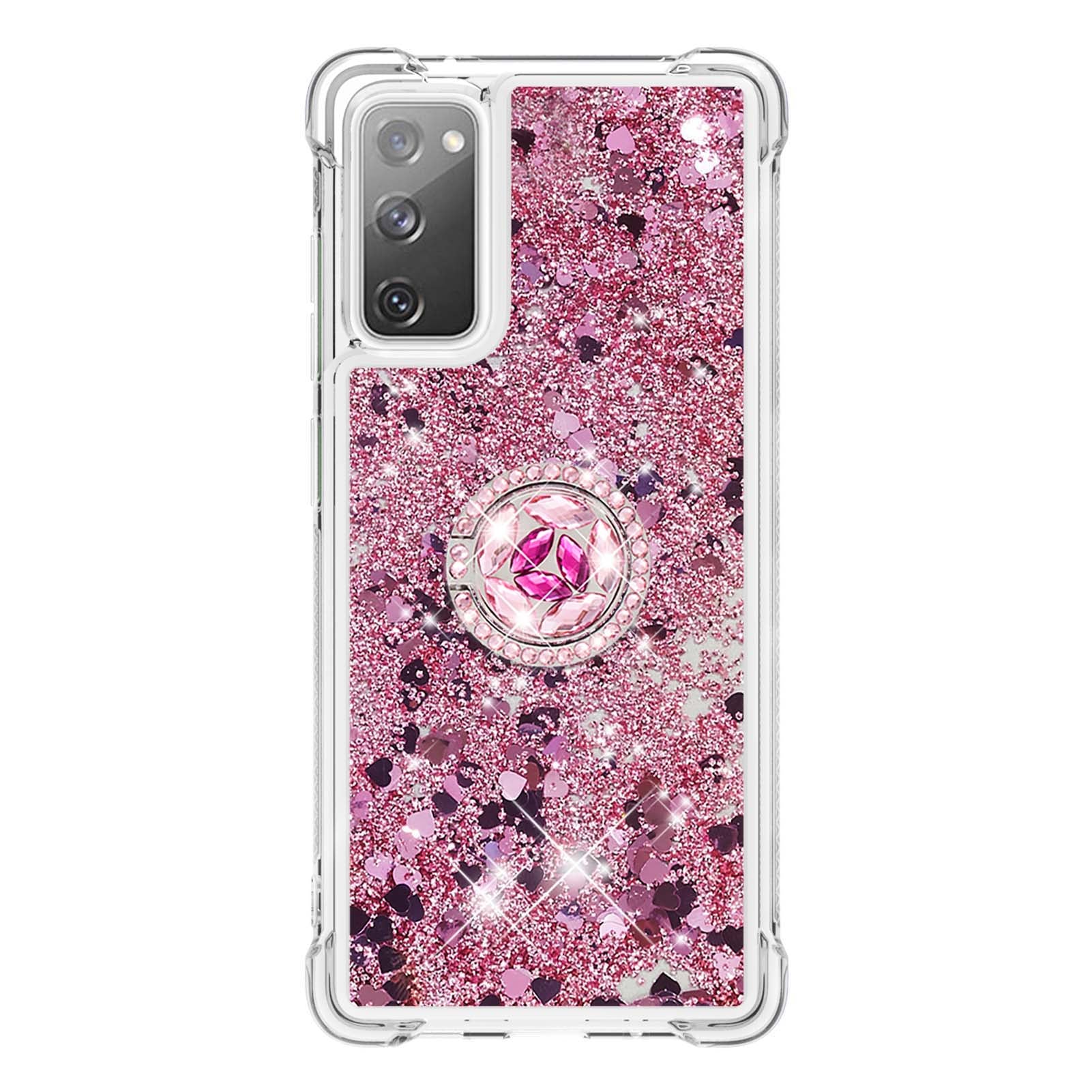 For Samsung Galaxy S20 FE 2022/S20 FE 4G/5G/S20 Fan Edition 4G/5G/S20 Lite Quicksand Glitter Flowing Liquid Anti-drop Ring Holder Kickstand Design TPU Cover - Rose Gold Hearts