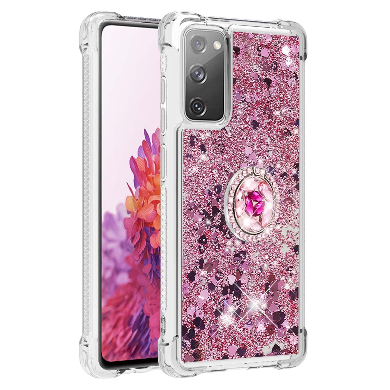 For Samsung Galaxy S20 FE 2022/S20 FE 4G/5G/S20 Fan Edition 4G/5G/S20 Lite Quicksand Glitter Flowing Liquid Anti-drop Ring Holder Kickstand Design TPU Cover - Rose Gold Hearts