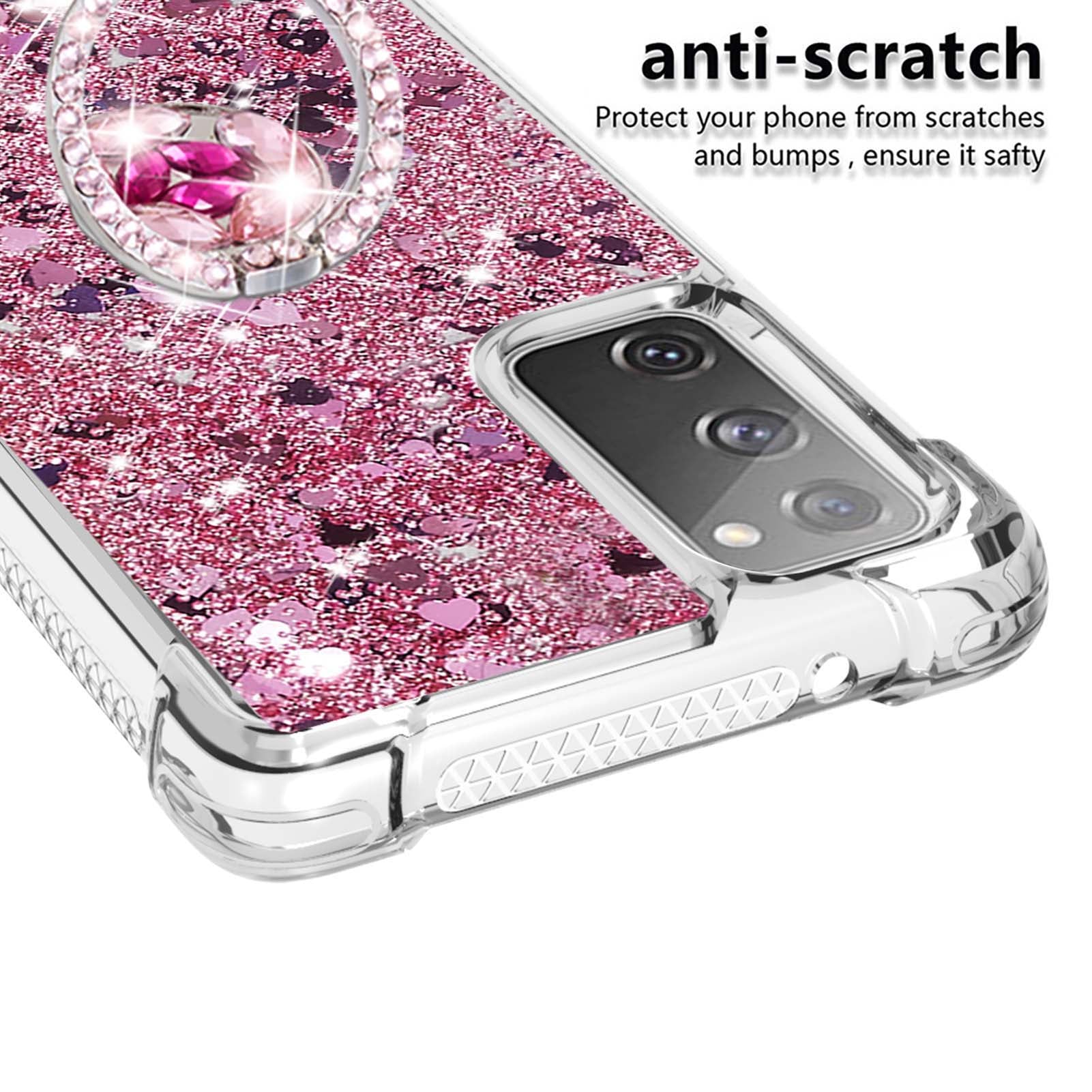 For Samsung Galaxy S20 FE 2022/S20 FE 4G/5G/S20 Fan Edition 4G/5G/S20 Lite Quicksand Glitter Flowing Liquid Anti-drop Ring Holder Kickstand Design TPU Cover - Rose Gold Hearts