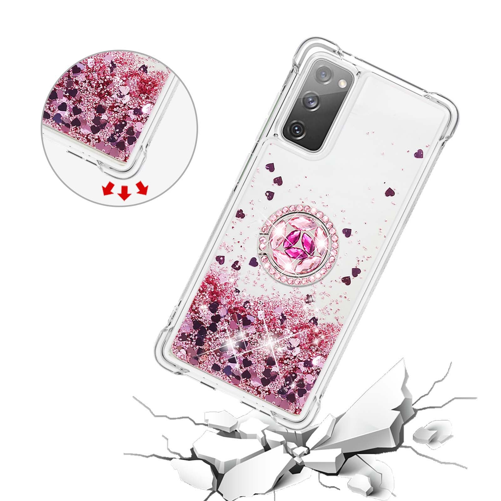 For Samsung Galaxy S20 FE 2022/S20 FE 4G/5G/S20 Fan Edition 4G/5G/S20 Lite Quicksand Glitter Flowing Liquid Anti-drop Ring Holder Kickstand Design TPU Cover - Rose Gold Hearts