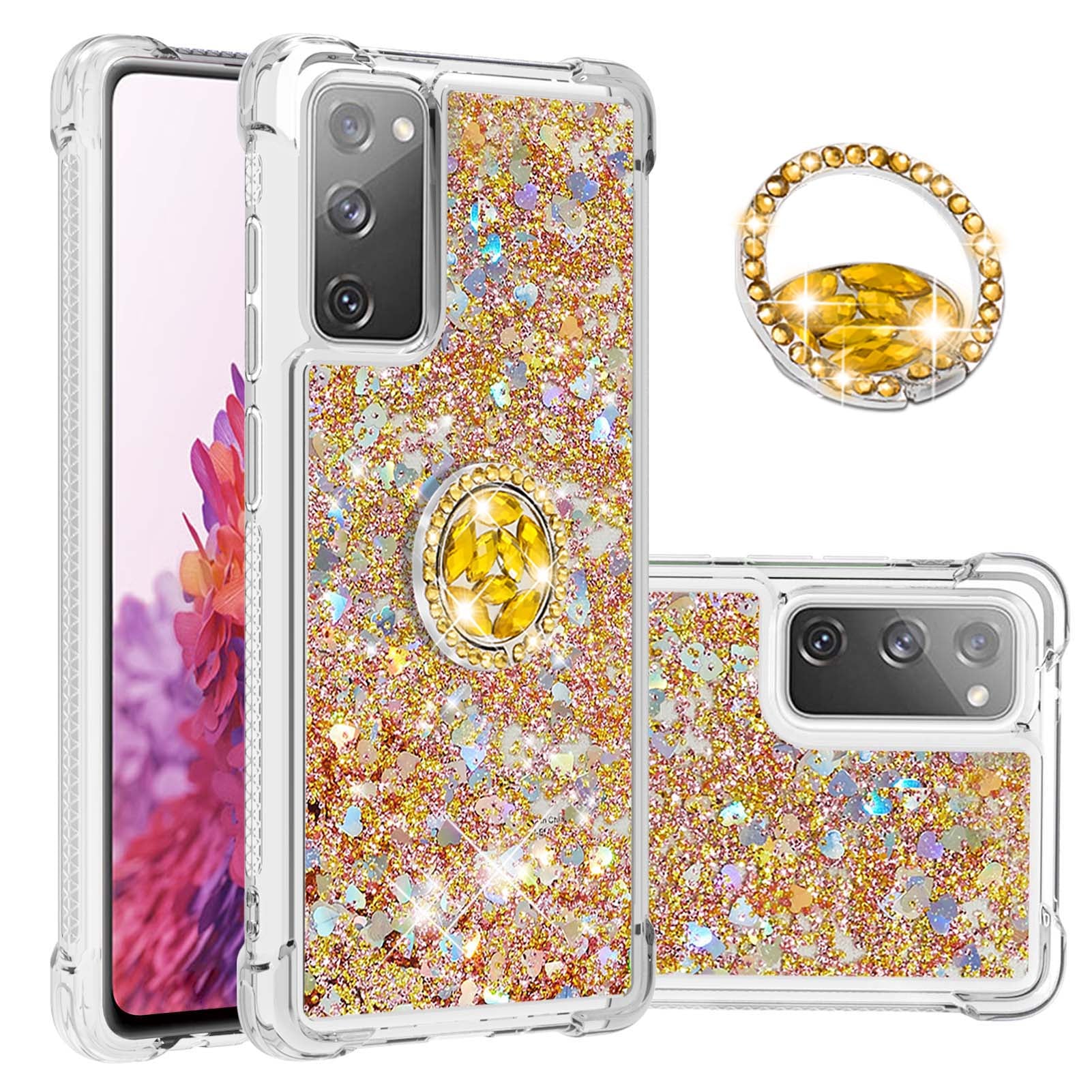 For Samsung Galaxy S20 FE 2022/S20 FE 4G/5G/S20 Fan Edition 4G/5G/S20 Lite Quicksand Glitter Flowing Liquid Anti-drop Ring Holder Kickstand Design TPU Cover - Diamond Gold Hearts