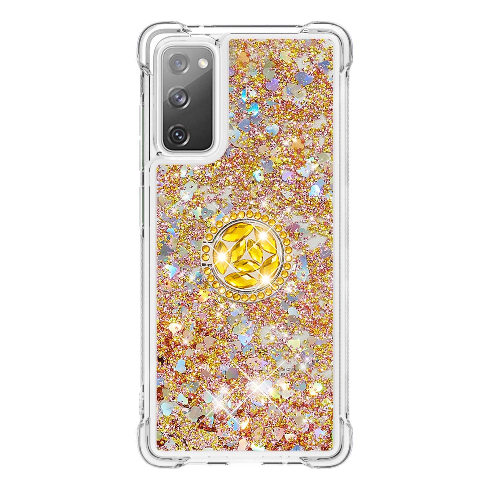 For Samsung Galaxy S20 FE 2022/S20 FE 4G/5G/S20 Fan Edition 4G/5G/S20 Lite Quicksand Glitter Flowing Liquid Anti-drop Ring Holder Kickstand Design TPU Cover - Diamond Gold Hearts