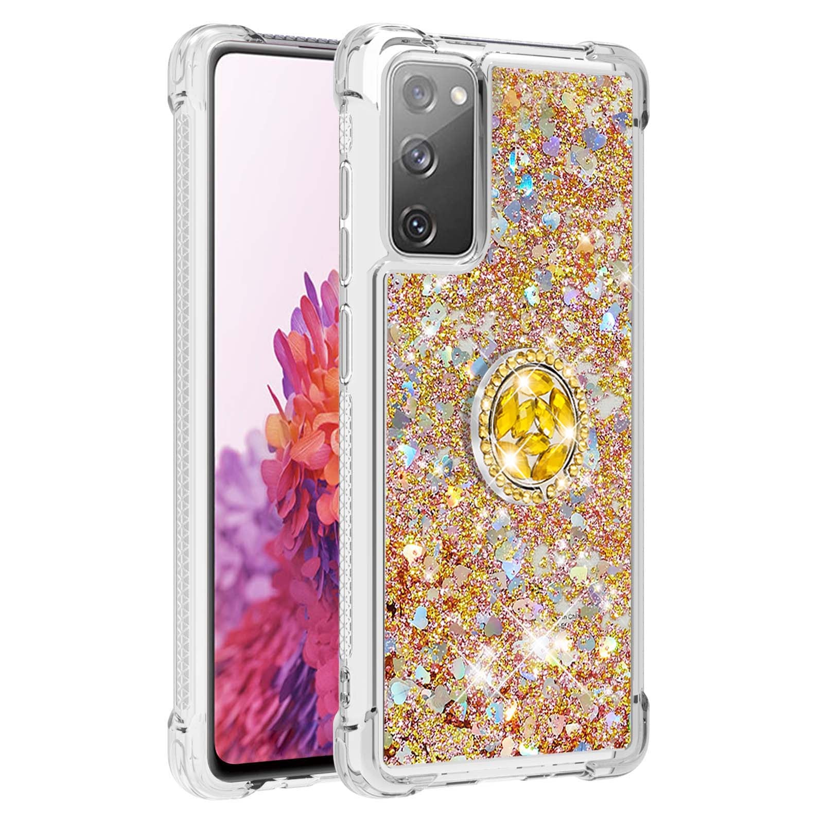 For Samsung Galaxy S20 FE 2022/S20 FE 4G/5G/S20 Fan Edition 4G/5G/S20 Lite Quicksand Glitter Flowing Liquid Anti-drop Ring Holder Kickstand Design TPU Cover - Diamond Gold Hearts