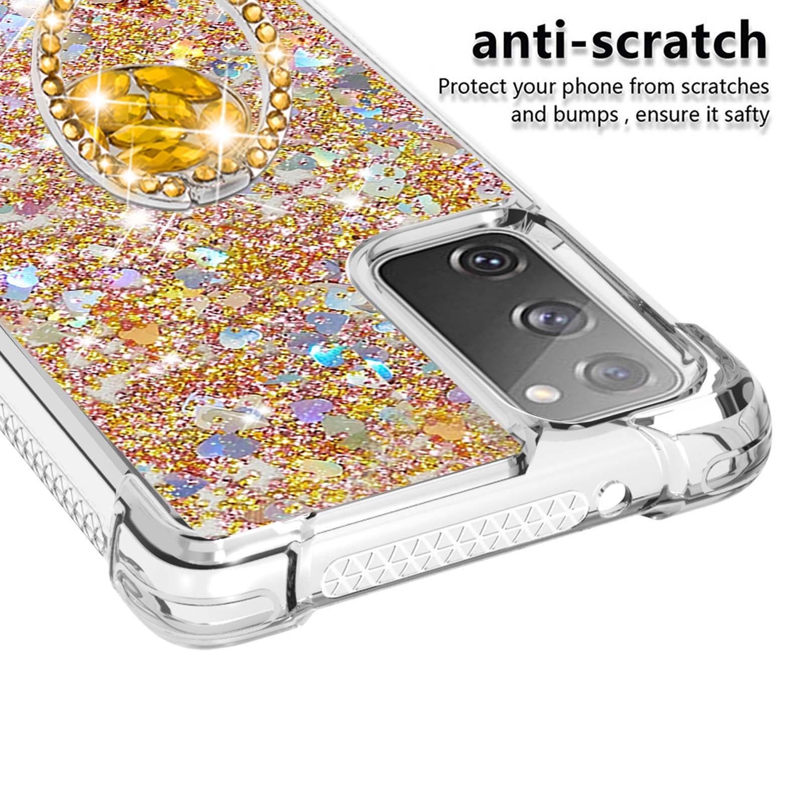 For Samsung Galaxy S20 FE 2022/S20 FE 4G/5G/S20 Fan Edition 4G/5G/S20 Lite Quicksand Glitter Flowing Liquid Anti-drop Ring Holder Kickstand Design TPU Cover - Diamond Gold Hearts