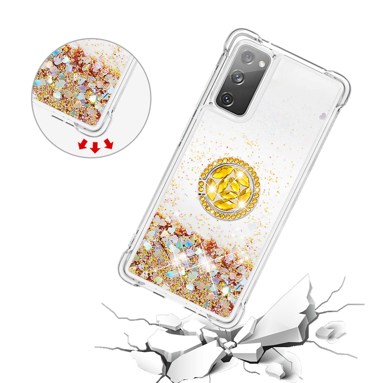 For Samsung Galaxy S20 FE 2022/S20 FE 4G/5G/S20 Fan Edition 4G/5G/S20 Lite Quicksand Glitter Flowing Liquid Anti-drop Ring Holder Kickstand Design TPU Cover - Diamond Gold Hearts