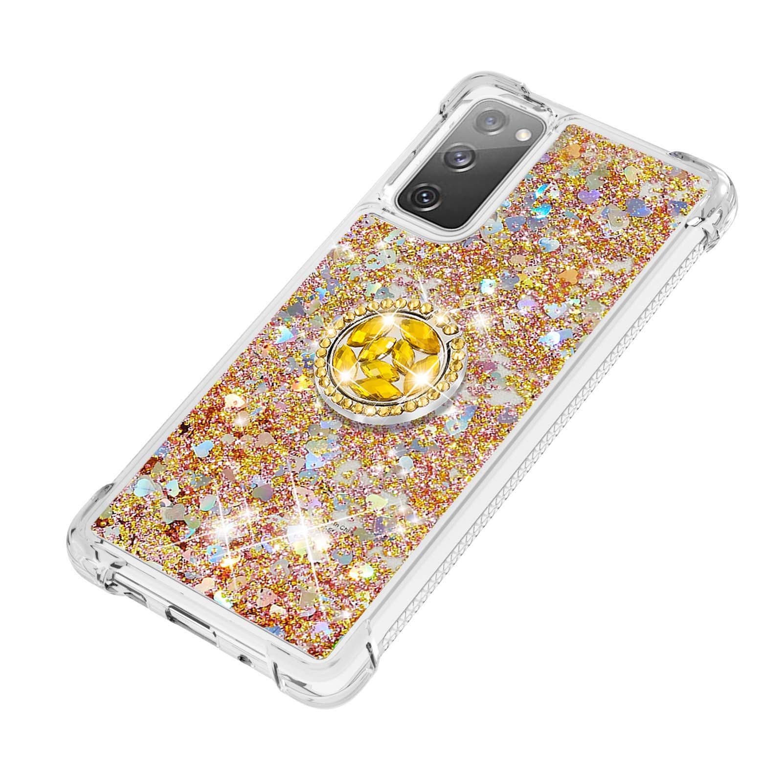 For Samsung Galaxy S20 FE 2022/S20 FE 4G/5G/S20 Fan Edition 4G/5G/S20 Lite Quicksand Glitter Flowing Liquid Anti-drop Ring Holder Kickstand Design TPU Cover - Diamond Gold Hearts