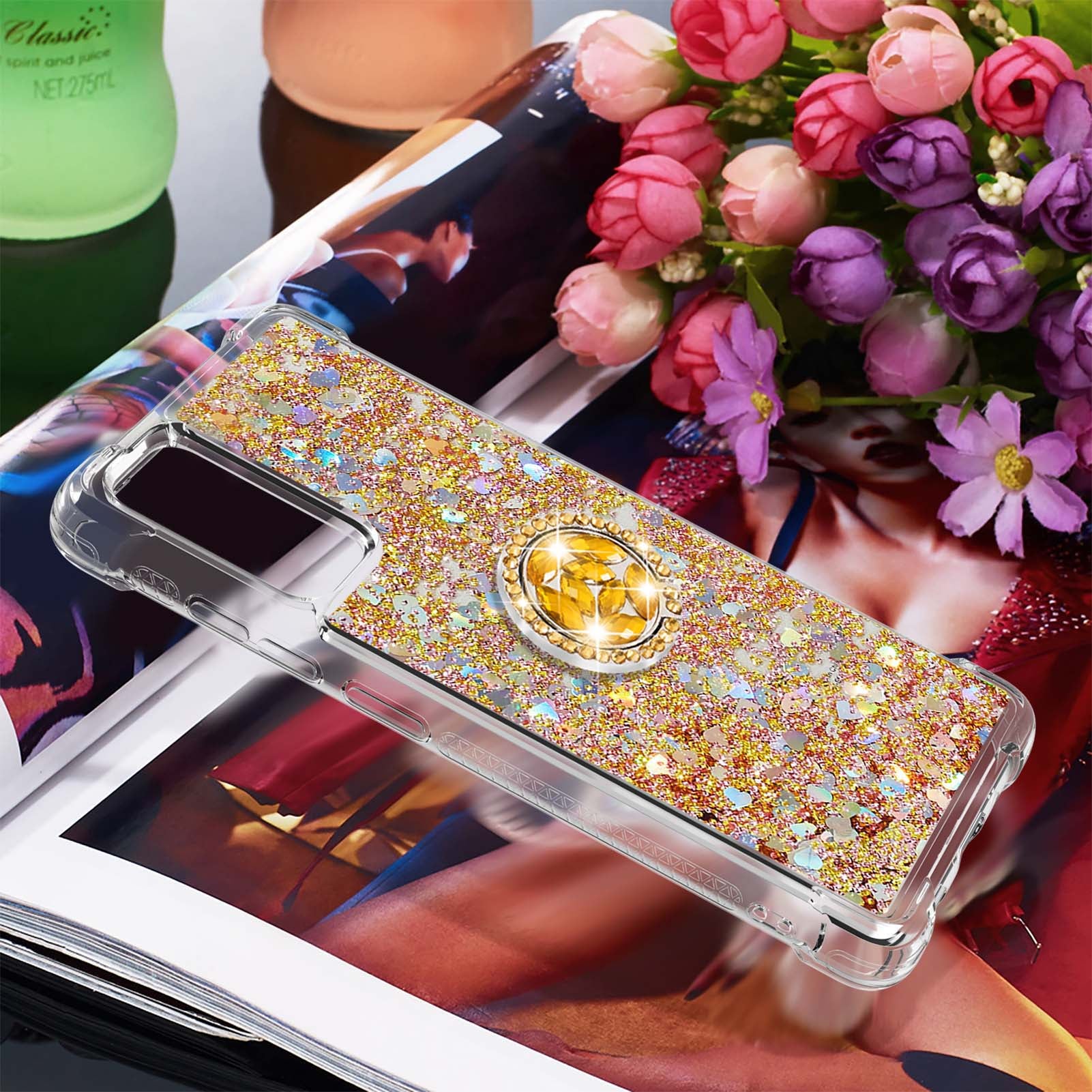 For Samsung Galaxy S20 FE 2022/S20 FE 4G/5G/S20 Fan Edition 4G/5G/S20 Lite Quicksand Glitter Flowing Liquid Anti-drop Ring Holder Kickstand Design TPU Cover - Diamond Gold Hearts