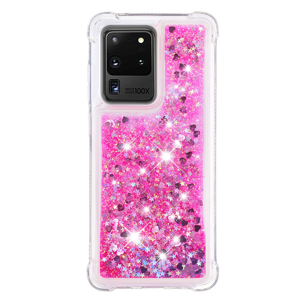 Quicksand Flowing Glitter Anti-drop Soft TPU Phone Case Protector for Samsung Galaxy S20 Ultra - Pink Hearts