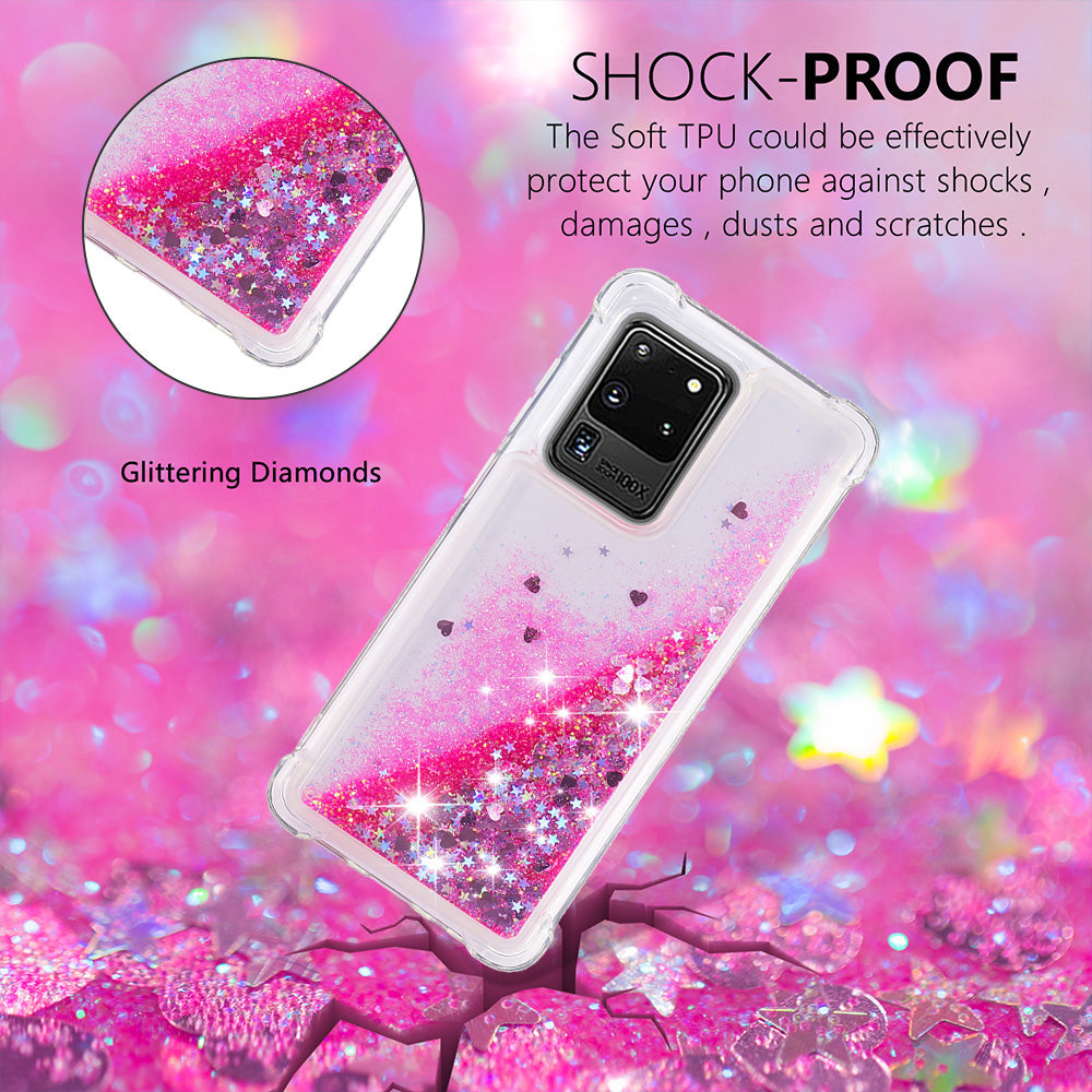 Quicksand Flowing Glitter Anti-drop Soft TPU Phone Case Protector for Samsung Galaxy S20 Ultra - Pink Hearts