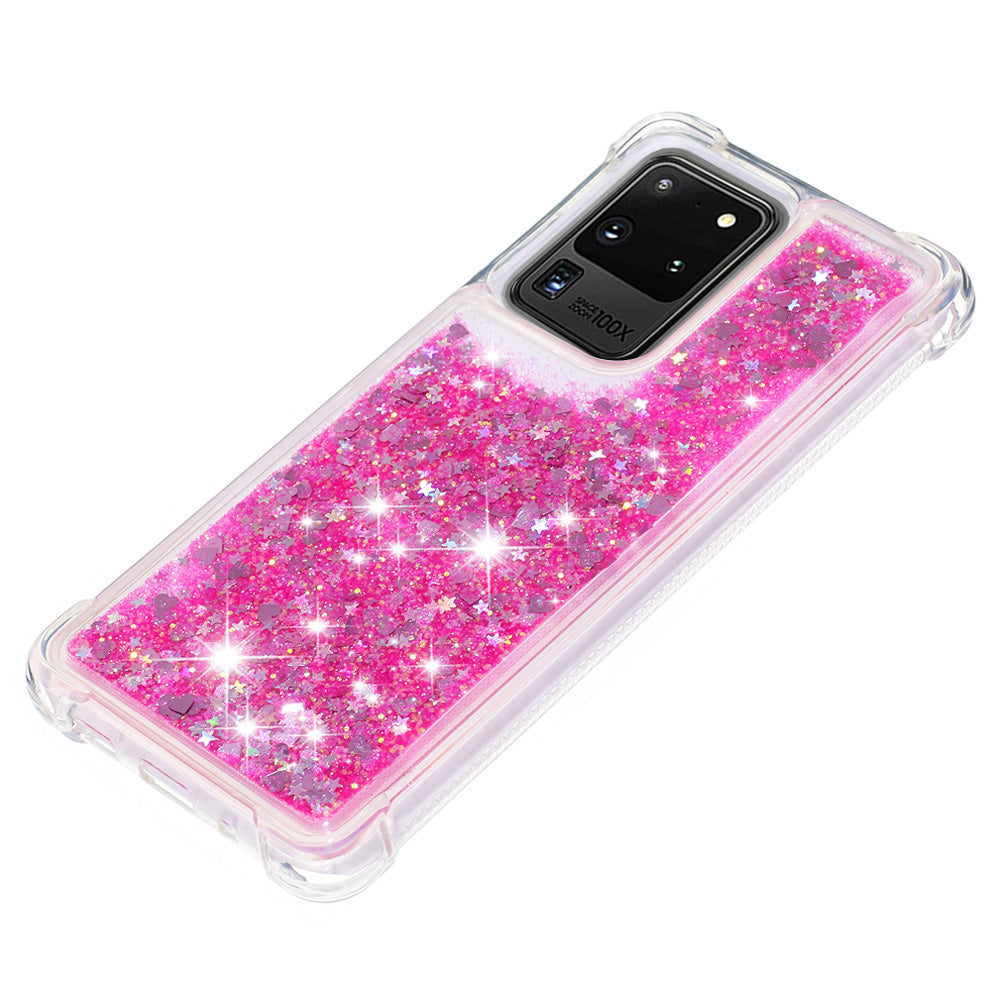 Quicksand Flowing Glitter Anti-drop Soft TPU Phone Case Protector for Samsung Galaxy S20 Ultra - Pink Hearts