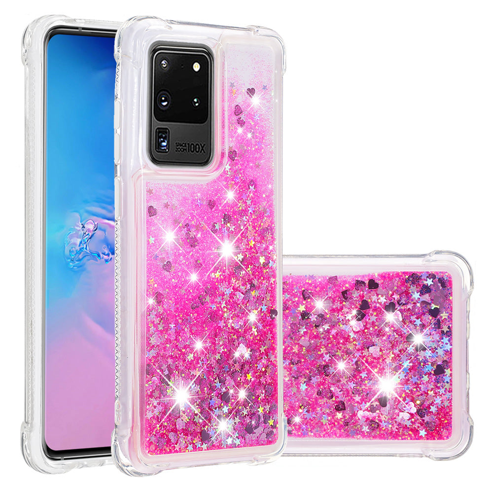 Quicksand Flowing Glitter Anti-drop Soft TPU Phone Case Protector for Samsung Galaxy S20 Ultra - Pink Hearts