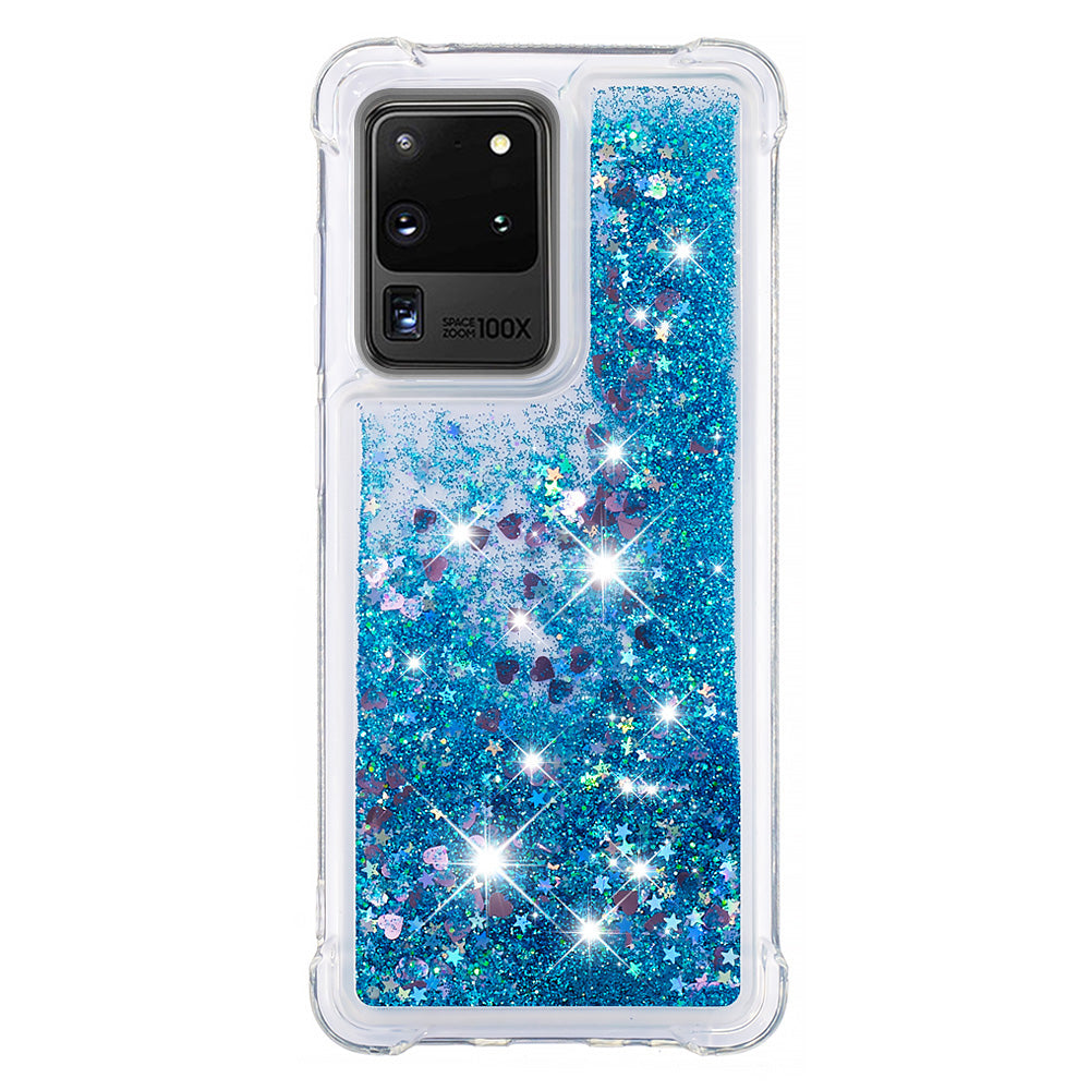 Quicksand Flowing Glitter Anti-drop Soft TPU Phone Case Protector for Samsung Galaxy S20 Ultra - Blue Hearts