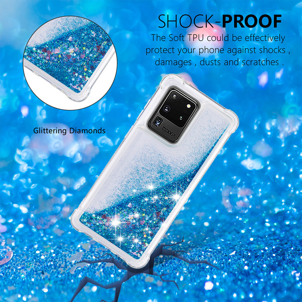 Quicksand Flowing Glitter Anti-drop Soft TPU Phone Case Protector for Samsung Galaxy S20 Ultra - Blue Hearts