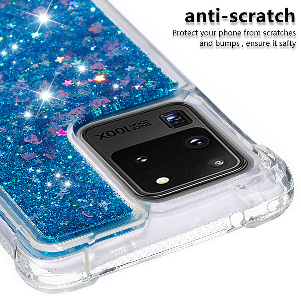 Quicksand Flowing Glitter Anti-drop Soft TPU Phone Case Protector for Samsung Galaxy S20 Ultra - Blue Hearts