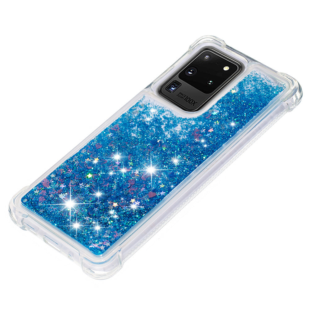 Quicksand Flowing Glitter Anti-drop Soft TPU Phone Case Protector for Samsung Galaxy S20 Ultra - Blue Hearts