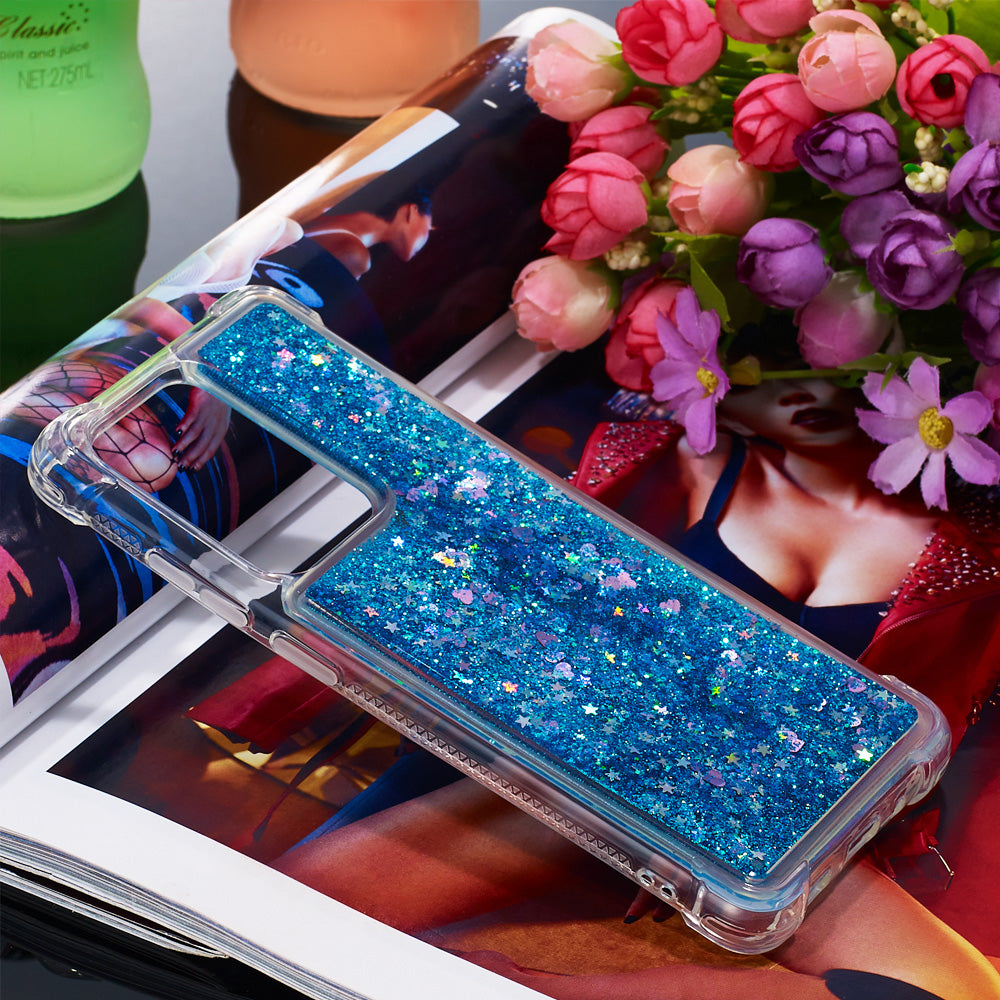 Quicksand Flowing Glitter Anti-drop Soft TPU Phone Case Protector for Samsung Galaxy S20 Ultra - Blue Hearts