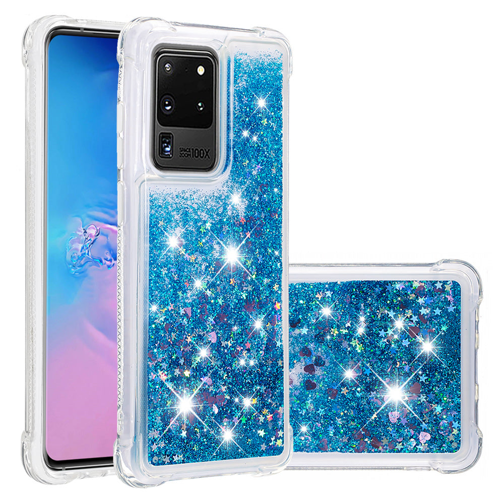 Quicksand Flowing Glitter Anti-drop Soft TPU Phone Case Protector for Samsung Galaxy S20 Ultra - Blue Hearts