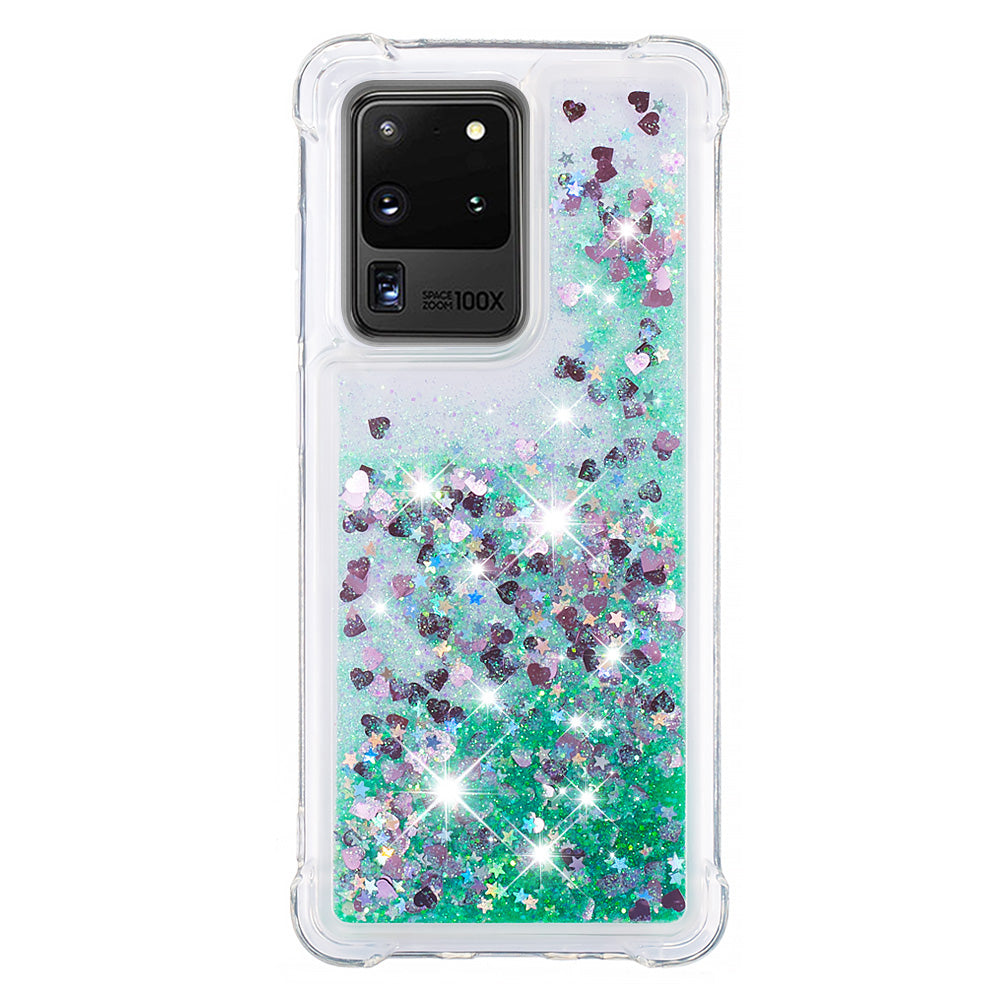 Quicksand Flowing Glitter Anti-drop Soft TPU Phone Case Protector for Samsung Galaxy S20 Ultra - Green Hearts