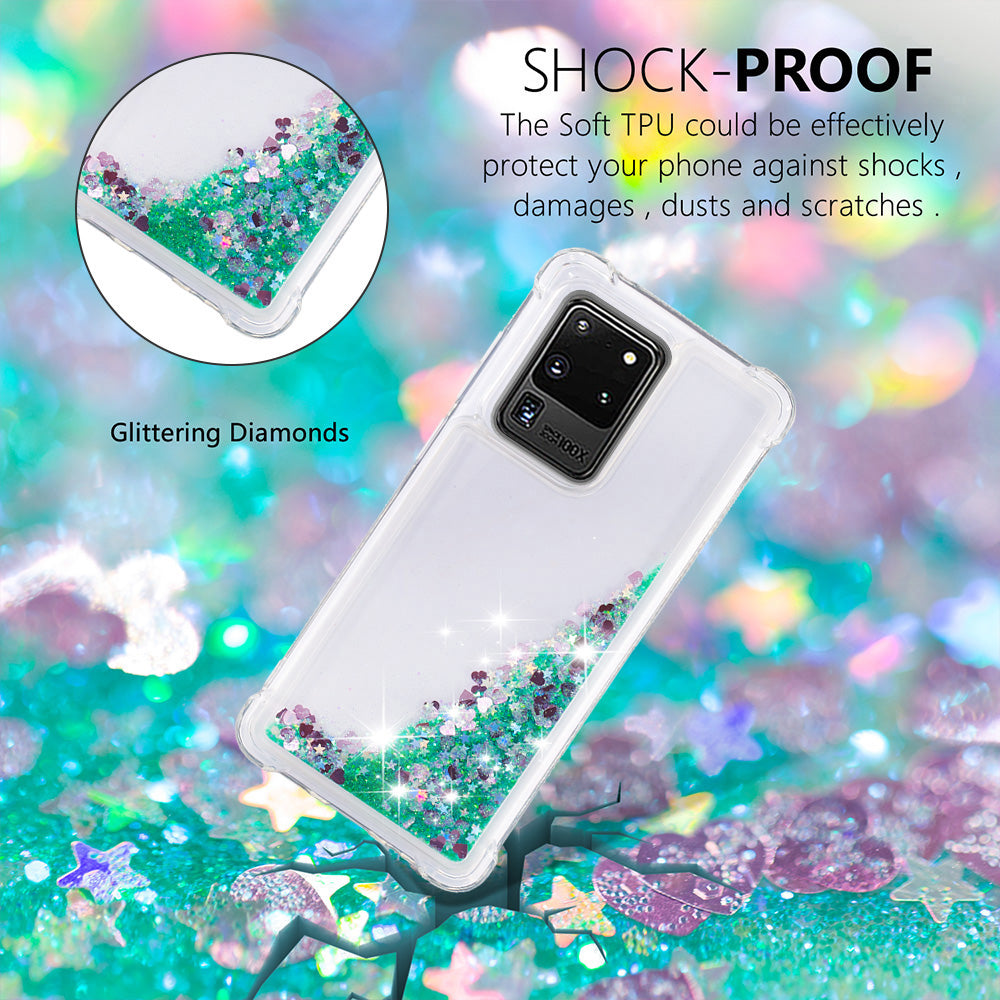 Quicksand Flowing Glitter Anti-drop Soft TPU Phone Case Protector for Samsung Galaxy S20 Ultra - Green Hearts