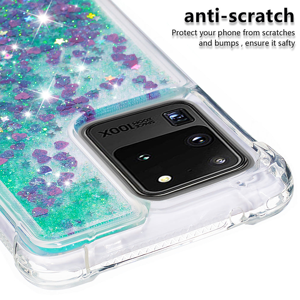 Quicksand Flowing Glitter Anti-drop Soft TPU Phone Case Protector for Samsung Galaxy S20 Ultra - Green Hearts