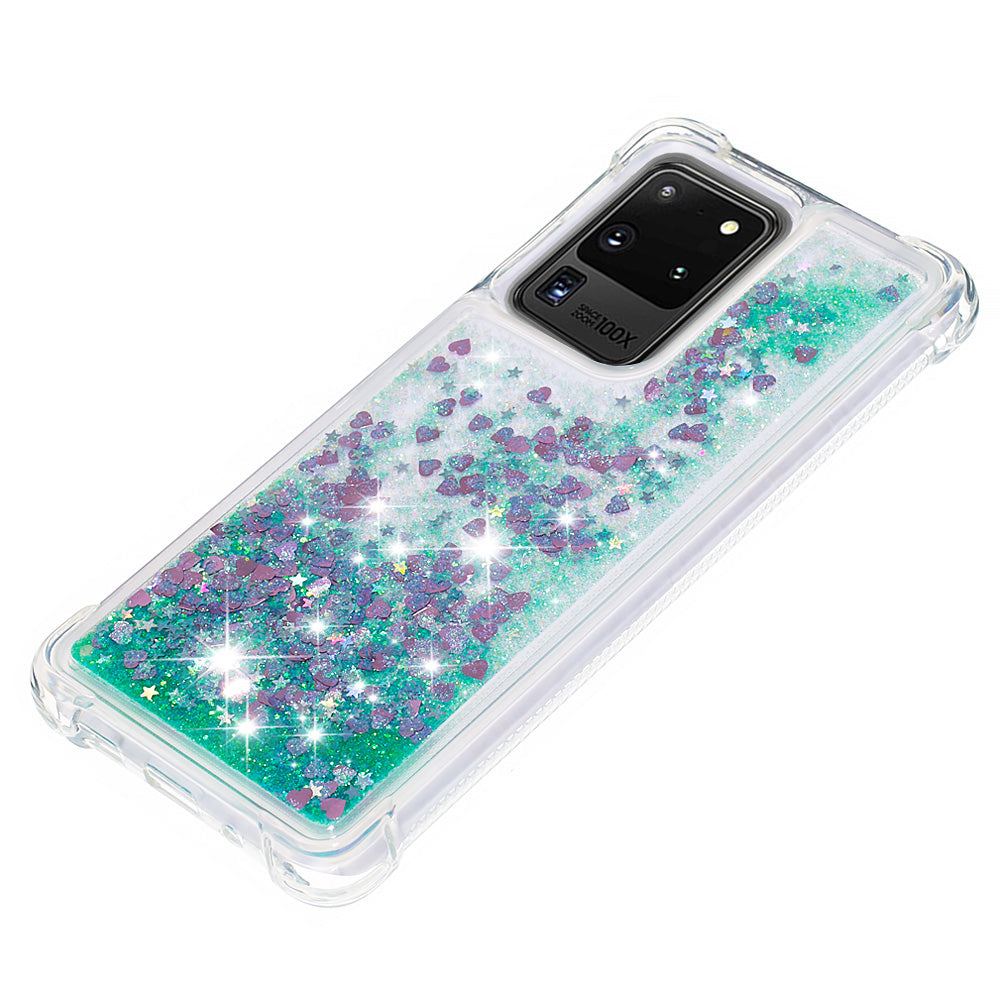 Quicksand Flowing Glitter Anti-drop Soft TPU Phone Case Protector for Samsung Galaxy S20 Ultra - Green Hearts