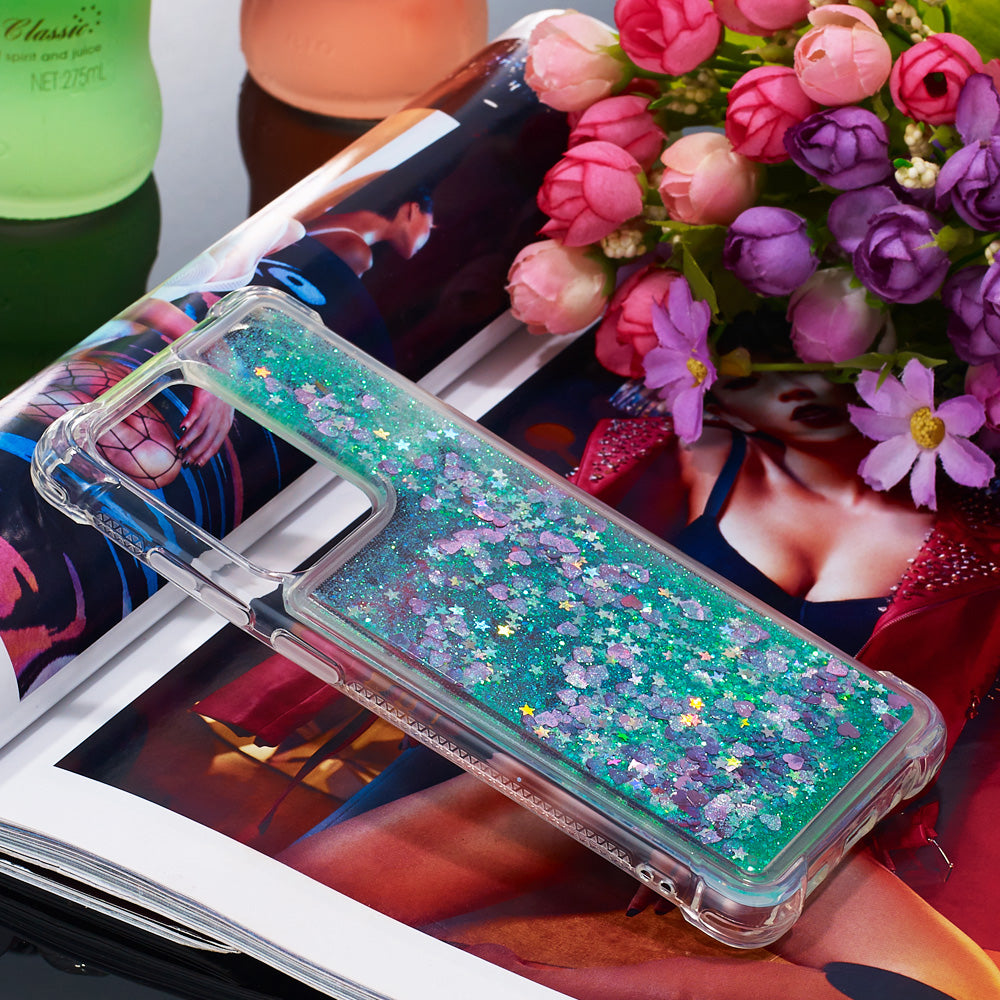 Quicksand Flowing Glitter Anti-drop Soft TPU Phone Case Protector for Samsung Galaxy S20 Ultra - Green Hearts