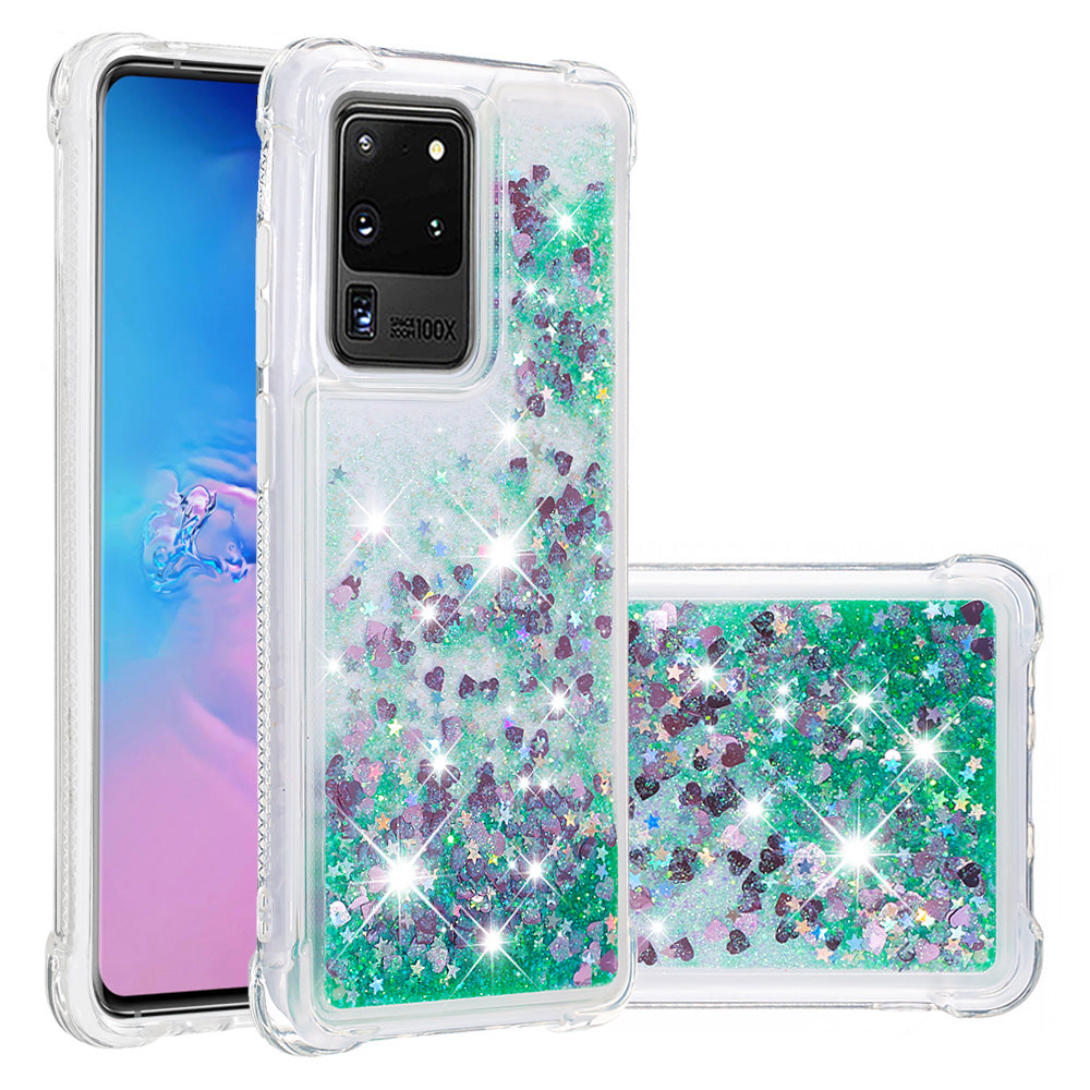 Quicksand Flowing Glitter Anti-drop Soft TPU Phone Case Protector for Samsung Galaxy S20 Ultra - Green Hearts