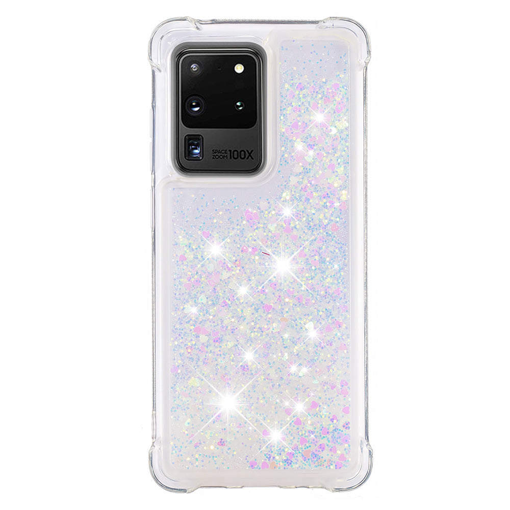 Quicksand Flowing Glitter Anti-drop Soft TPU Phone Case Protector for Samsung Galaxy S20 Ultra - Shiny Hearts