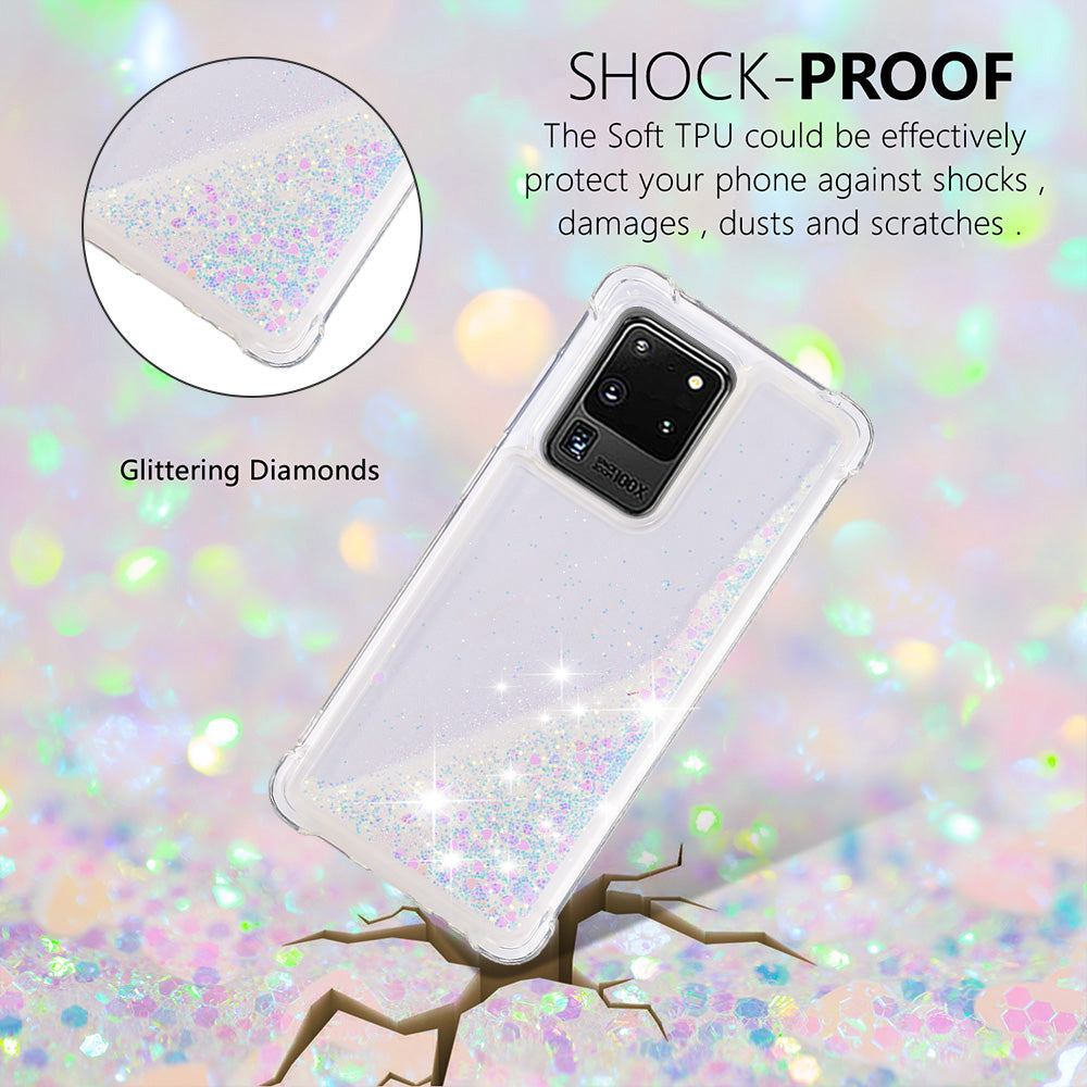 Quicksand Flowing Glitter Anti-drop Soft TPU Phone Case Protector for Samsung Galaxy S20 Ultra - Shiny Hearts