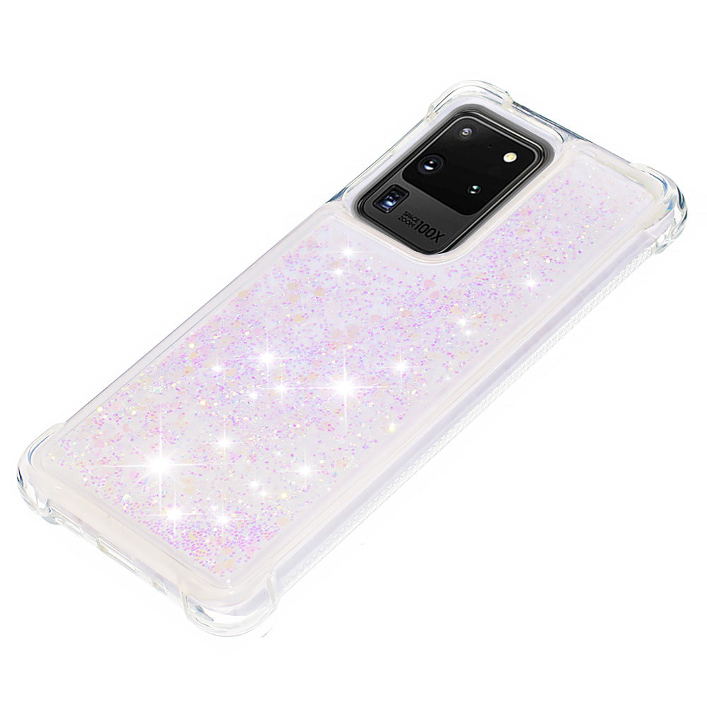 Quicksand Flowing Glitter Anti-drop Soft TPU Phone Case Protector for Samsung Galaxy S20 Ultra - Shiny Hearts