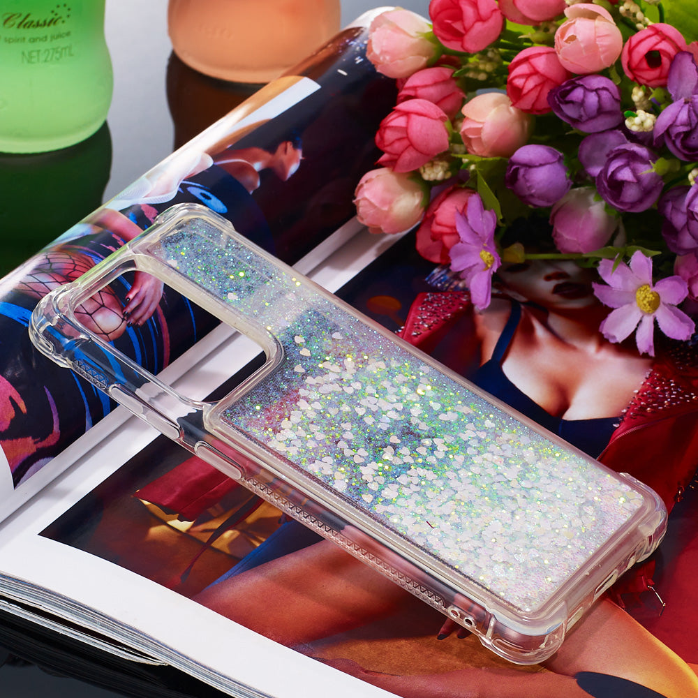 Quicksand Flowing Glitter Anti-drop Soft TPU Phone Case Protector for Samsung Galaxy S20 Ultra - Shiny Hearts