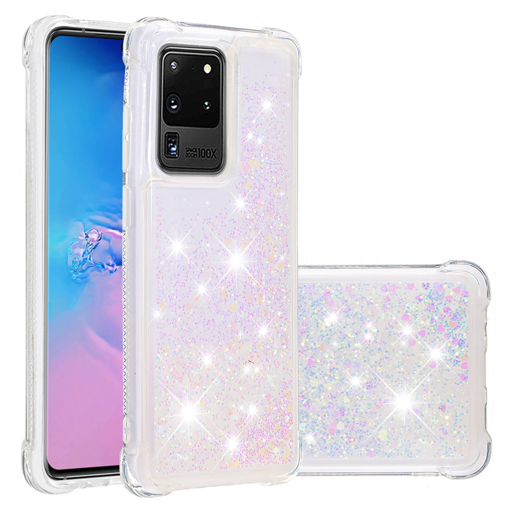 Quicksand Flowing Glitter Anti-drop Soft TPU Phone Case Protector for Samsung Galaxy S20 Ultra - Shiny Hearts