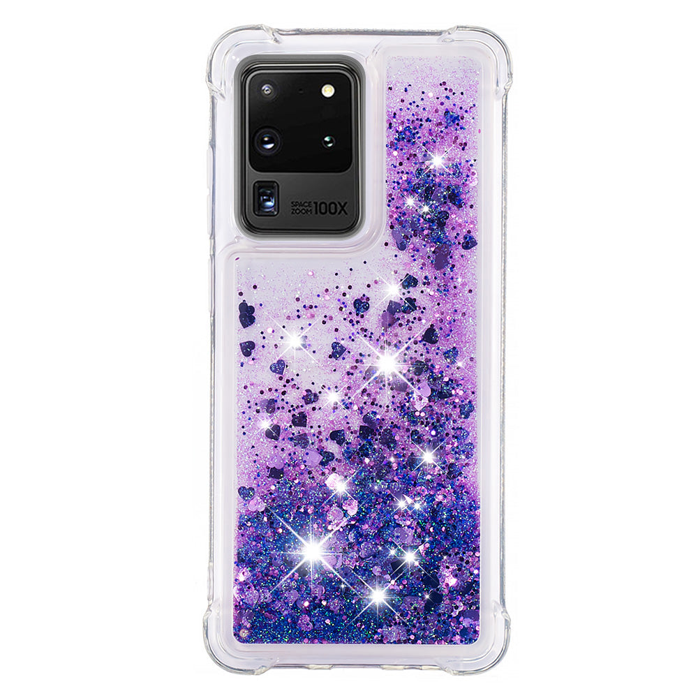 Quicksand Flowing Glitter Anti-drop Soft TPU Phone Case Protector for Samsung Galaxy S20 Ultra - Dark Purple Hearts