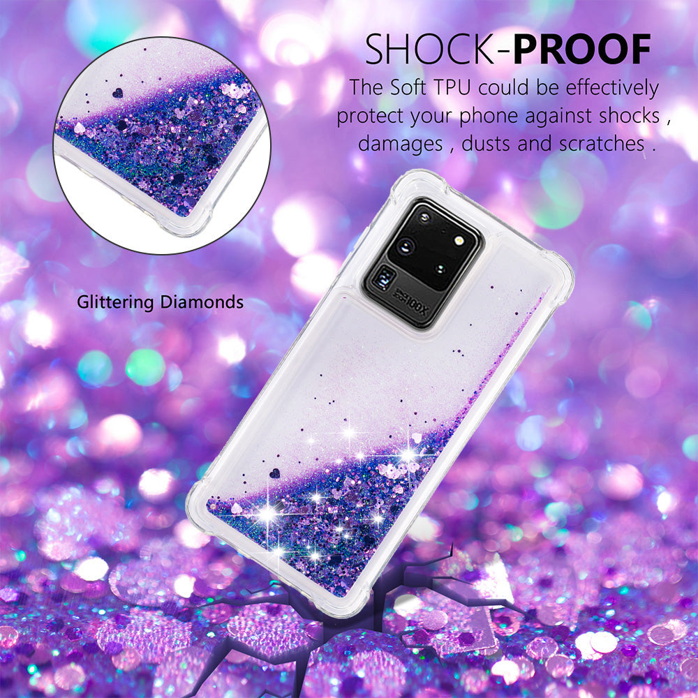 Quicksand Flowing Glitter Anti-drop Soft TPU Phone Case Protector for Samsung Galaxy S20 Ultra - Dark Purple Hearts