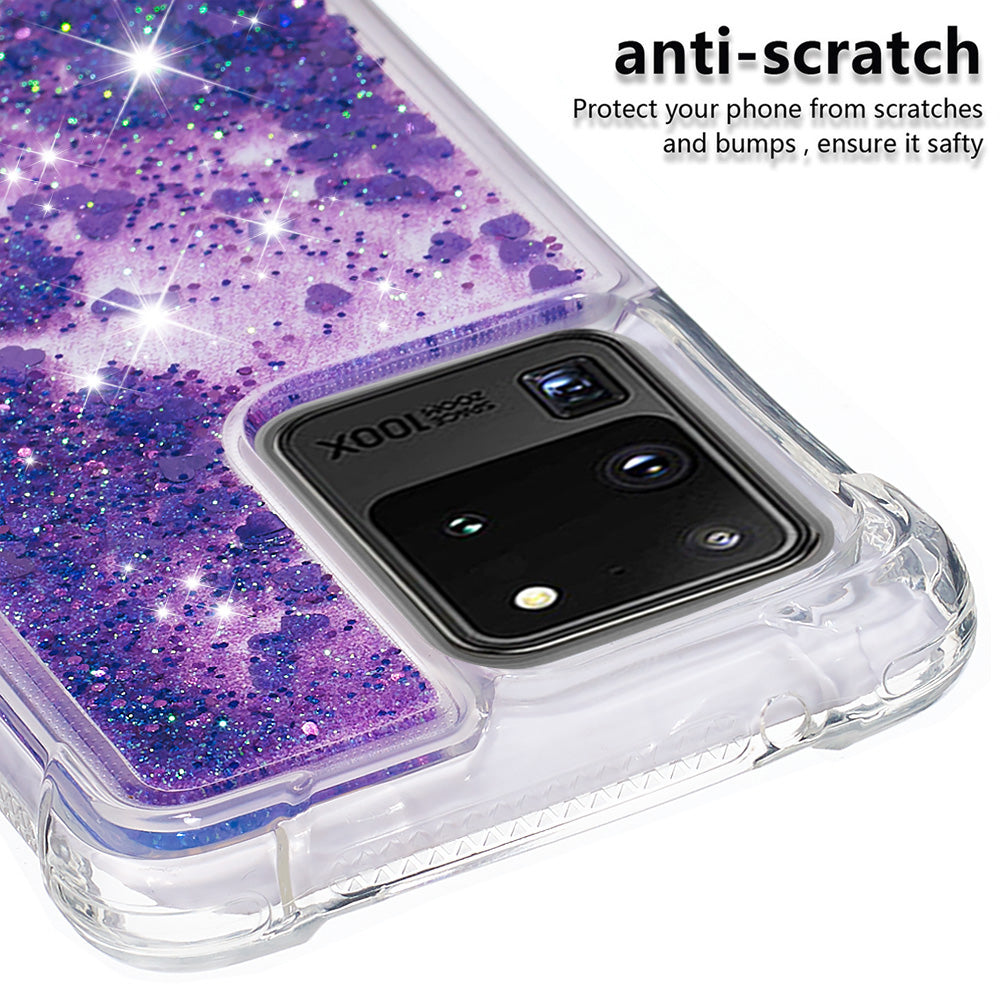 Quicksand Flowing Glitter Anti-drop Soft TPU Phone Case Protector for Samsung Galaxy S20 Ultra - Dark Purple Hearts